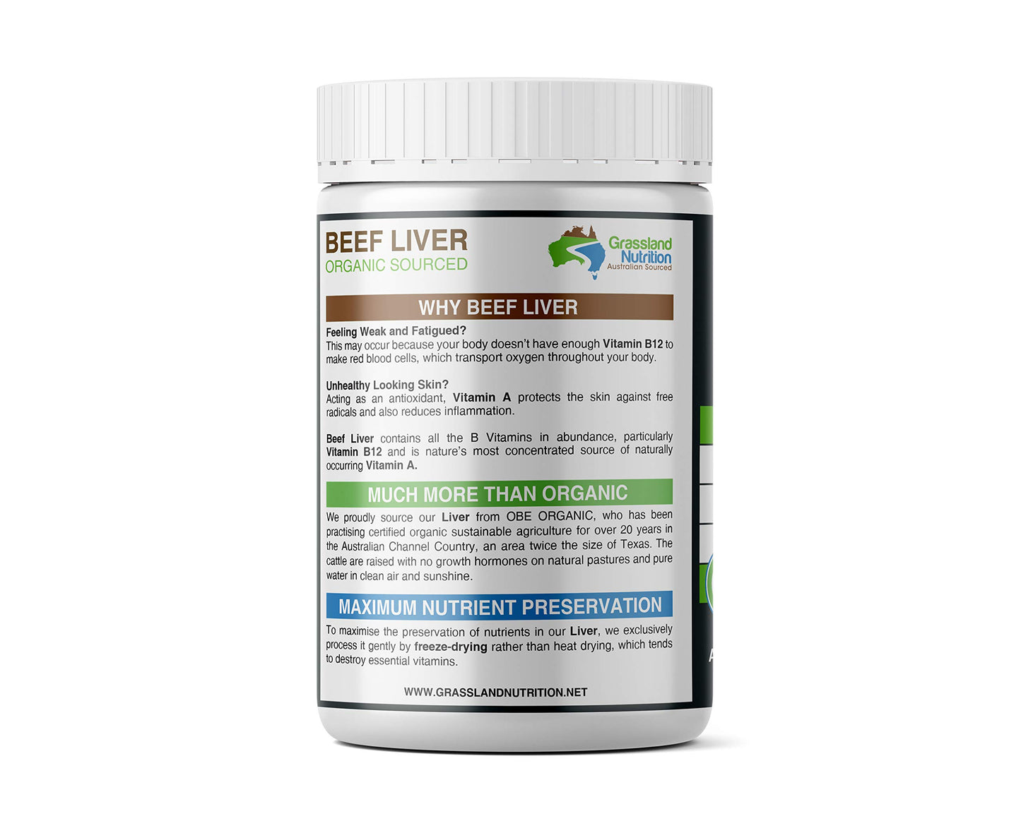 Grassland Nutrition Grass Fed Beef Liver 100% Organic Sourced — Natural B12 for Energy, Iron & Vitamin A (180 Capsules)