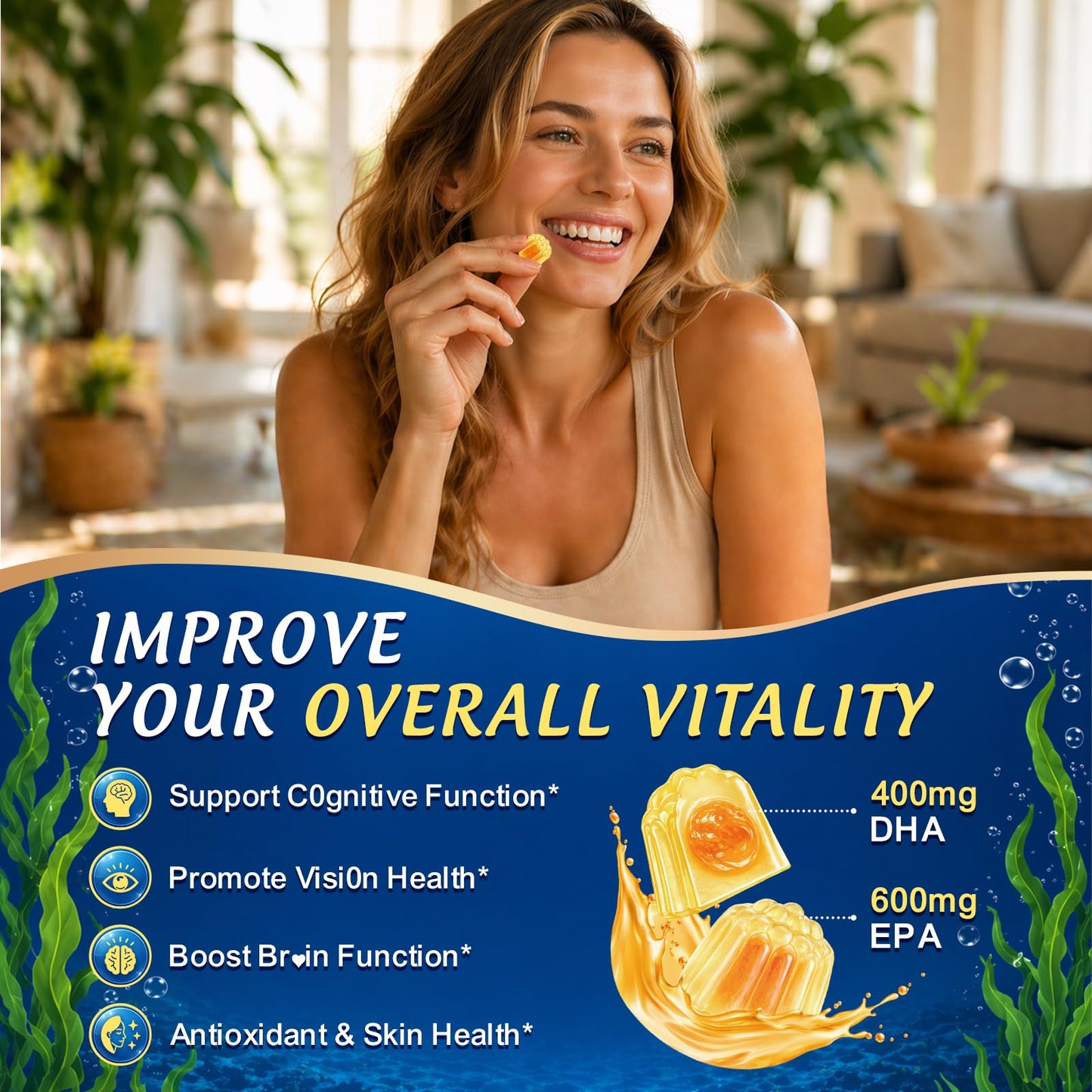 GZ HAOYUAN Vegan Omega-3 Gummies 1200mg Marine Algae Omega-3 EPA 600mg DHA 400mg Vitamin D3 K2 Sugar Free, 120 Gummies
