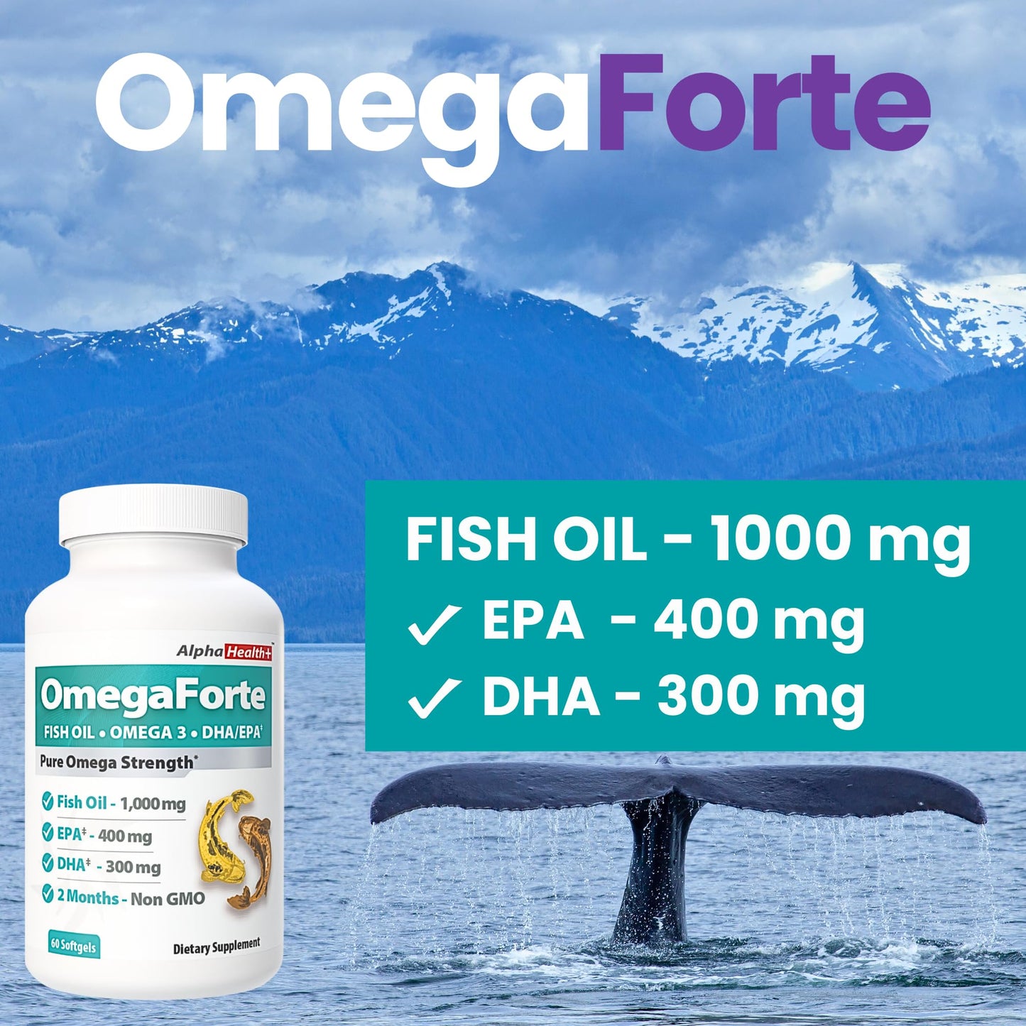 AlphaHealth+ OmegaForte Naturals Omega-3 Fish Oil Supplement Capsules 60 Count