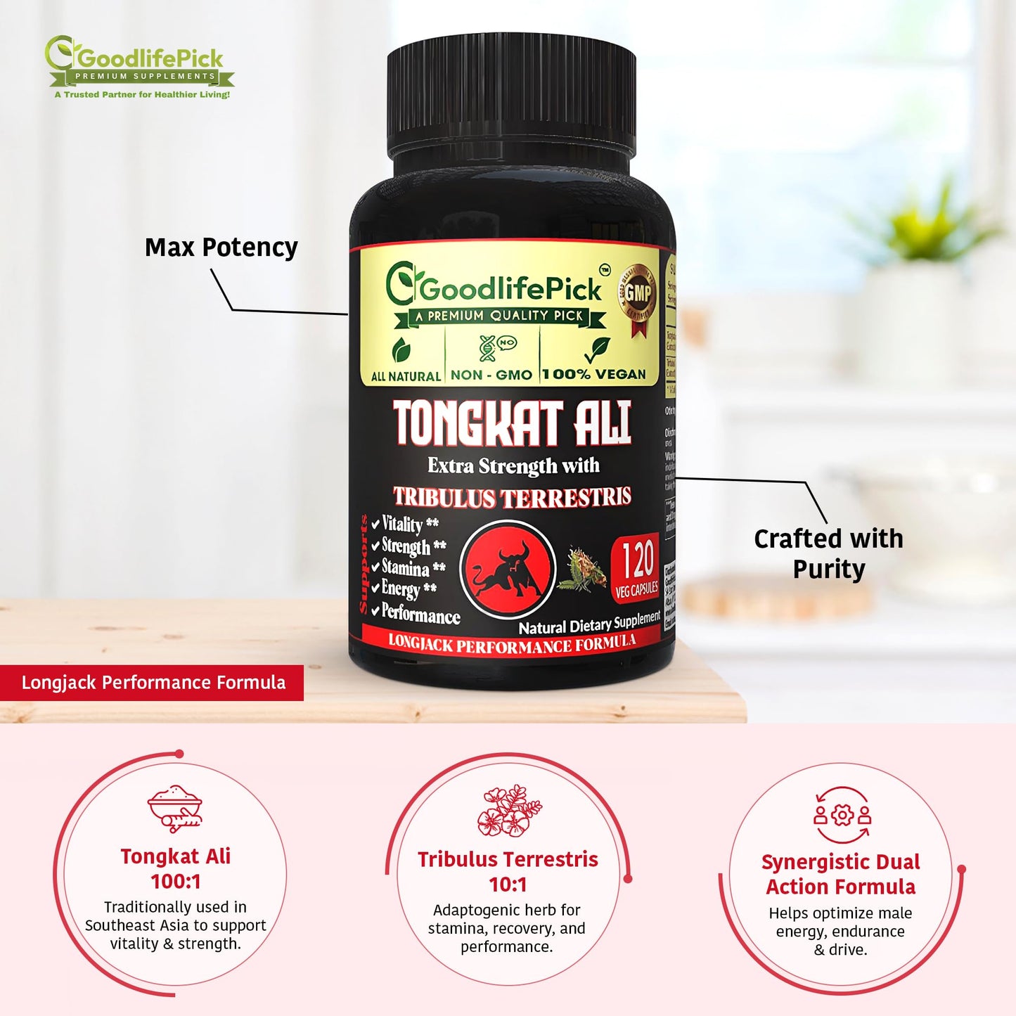 GoodlifePick Extra Strength Tongkat Ali with Tribulus Terrestris Extract 100:1 Capsules, 120 Count