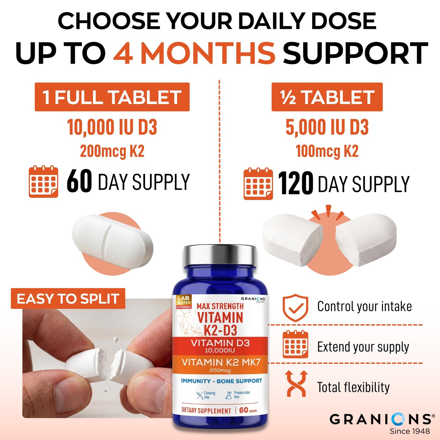 Granions Max Strength Vitamin D3 K2 Supplement Tablet, 60 Tablets