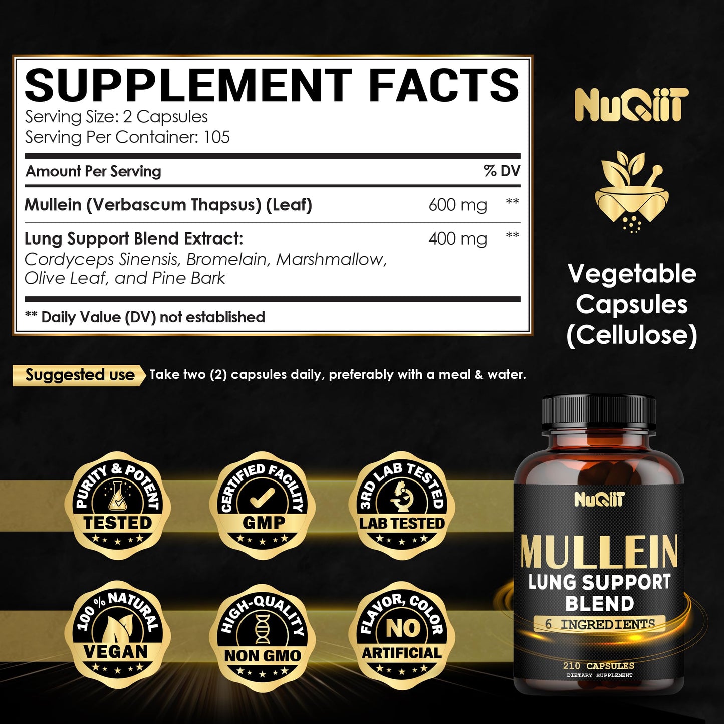 NUQIIT Mullein Leaf Capsules with Herbal Complex as Cordyceps Sinensis, Marshmallow, and More, 210 Count