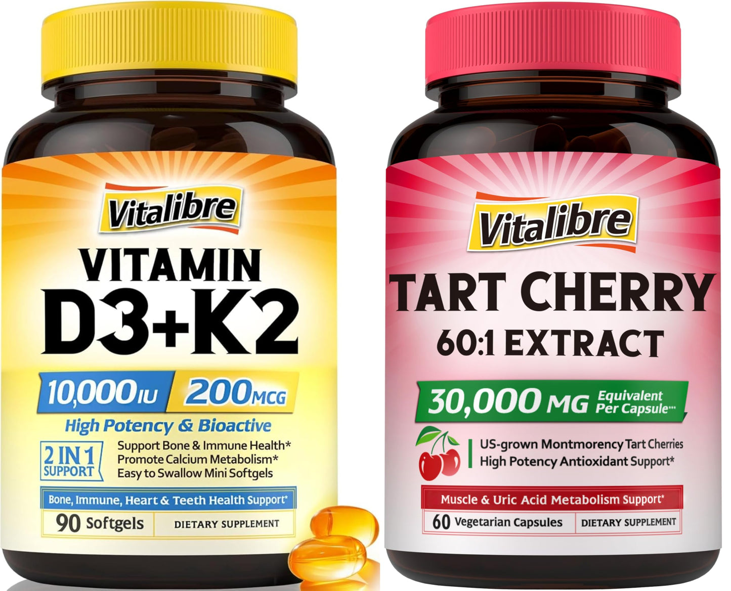 Vitalibre Vitamin D3 K2 Supplement 10000 IU Softgels and Tart Cherry Capsules 150 Count