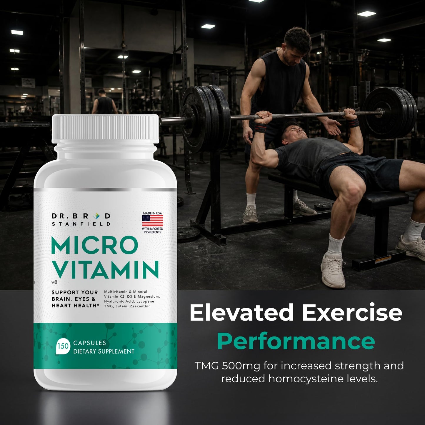 Dr Brad Stanfield Daily Low Dose Multivitamin & Mineral for Men & Women to Support Cognitive Performance & Memory + Hyaluronic Acid for Skin Health + TMG for Exercise Capsules 150 Count