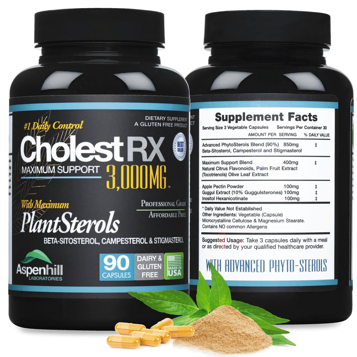 Aspenhill Laboratories Triple Strength PhytoSterol Complex - CholestRX - Beta-Sitosterol - 3,000mg for Maximum Support, Gluten Free, 90 Capsules