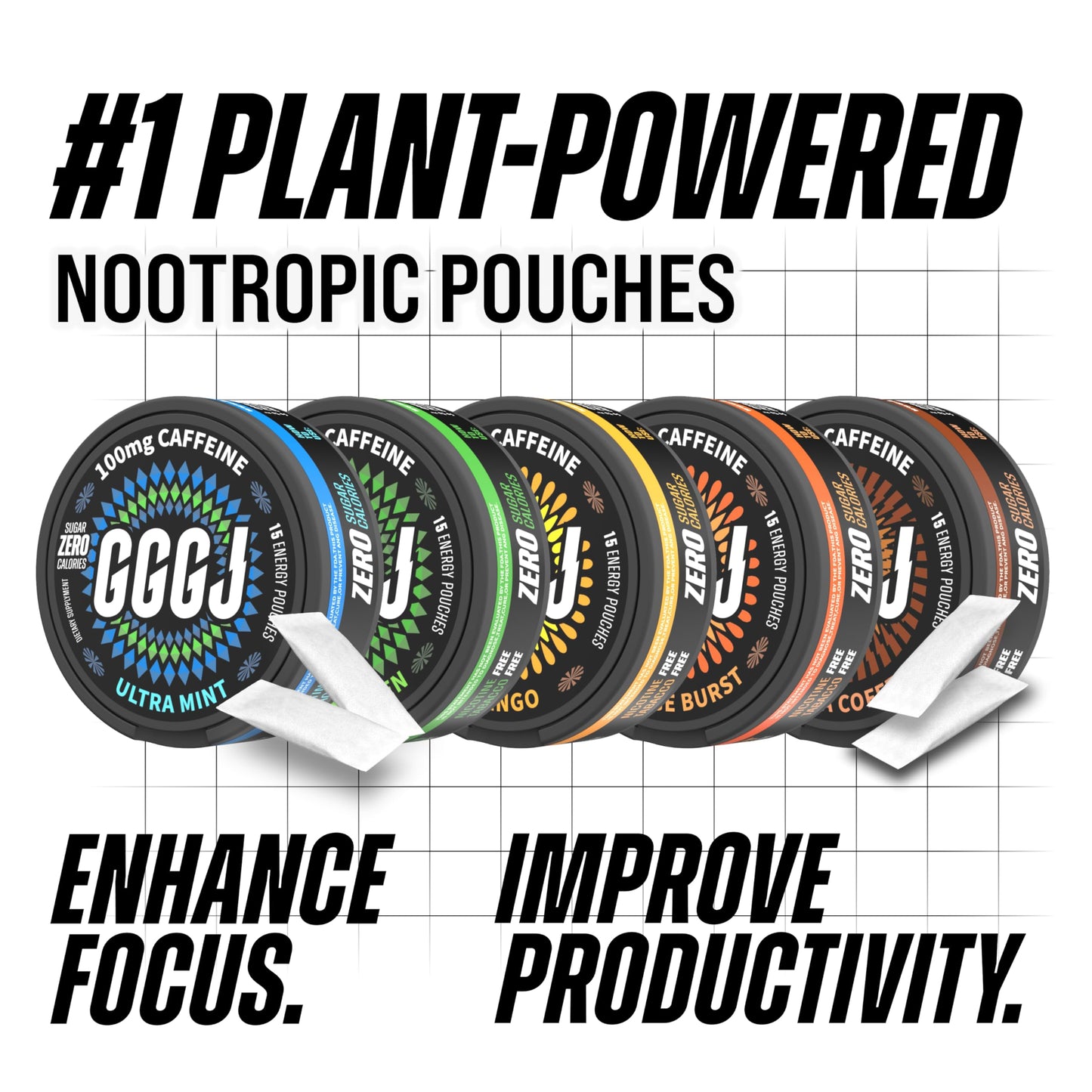 GGGJ Caffeine Nootropic Energy Pouches Chewable 75 Count