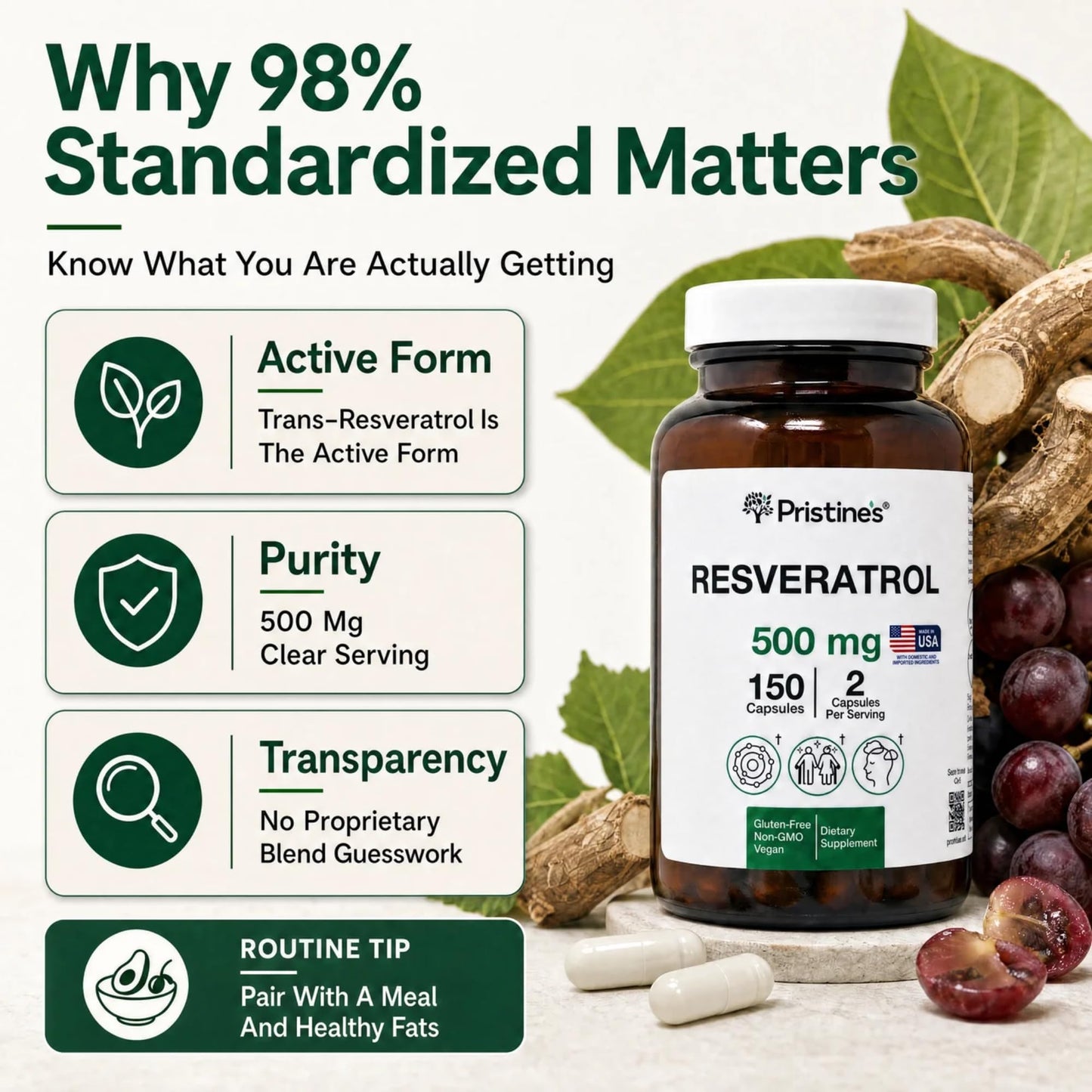 PRISTINE'S Resveratrol 500mg Capsules, 150 Count