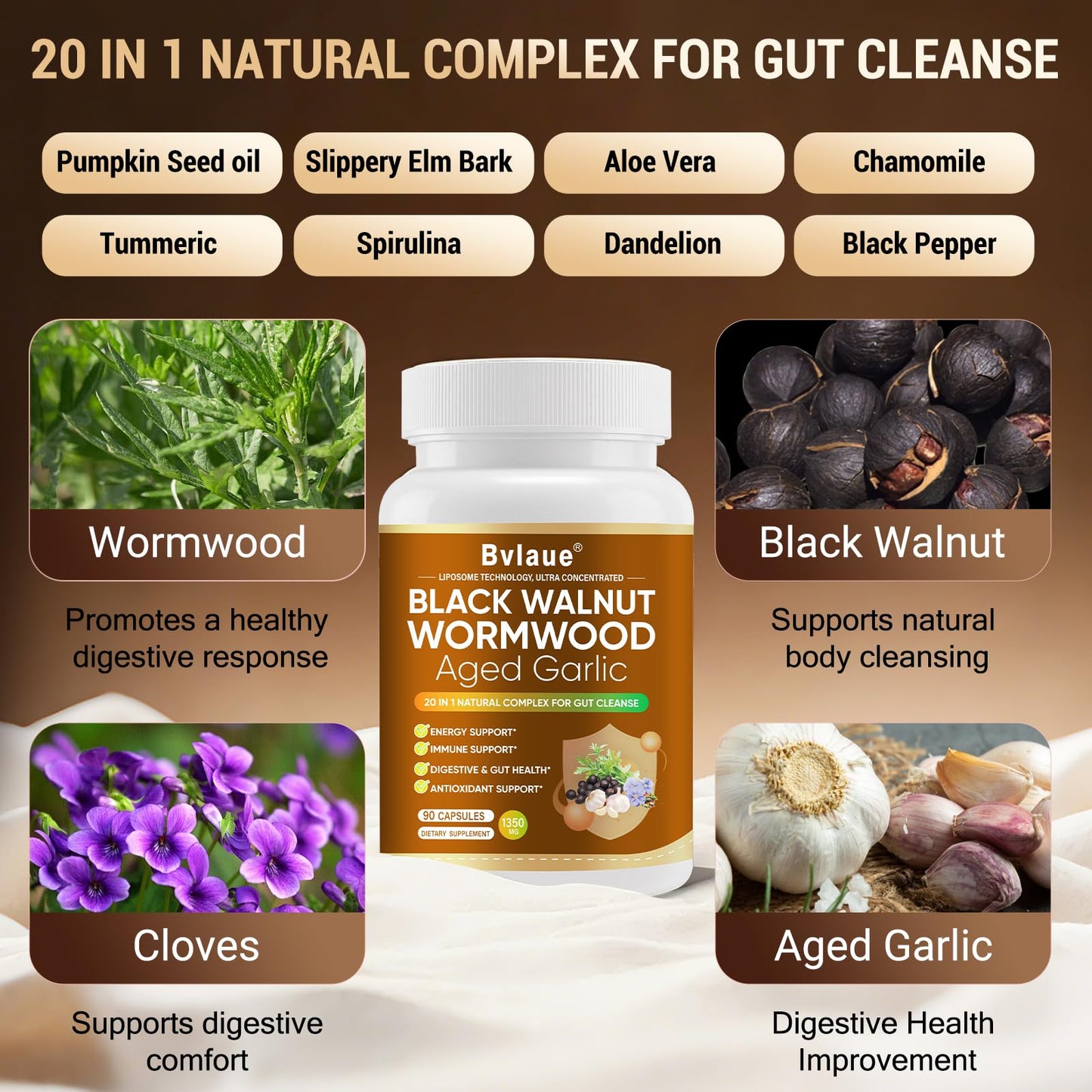 Bvlaue Wormwood Black Walnut Cleanse for Humans Plus+ Gut Cleanse/Detox & Digestive Health with Pumpkin Seed Oil, Old Garlic, Clove 10X Liposomal 98% Absorption Capsules 90 Count
