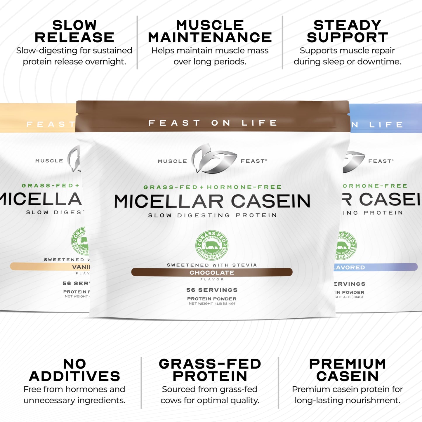 Muscle Feast Grass Fed Micellar Casein Protein Powder, Unflavored (4lb), 64 Servings