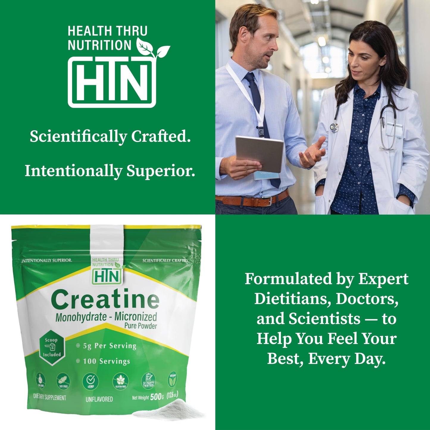 Health Thru Nutrition Creatine Monohydrate Micronized Powder, 17.6 oz