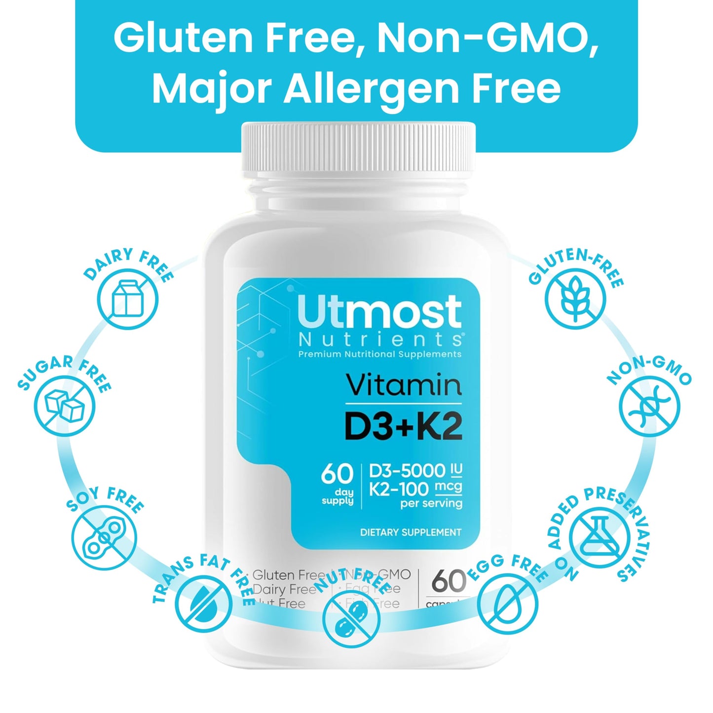 Utmost Nutrients Vitamin D3 5000iu with K2 100mcg, 60 Capsules