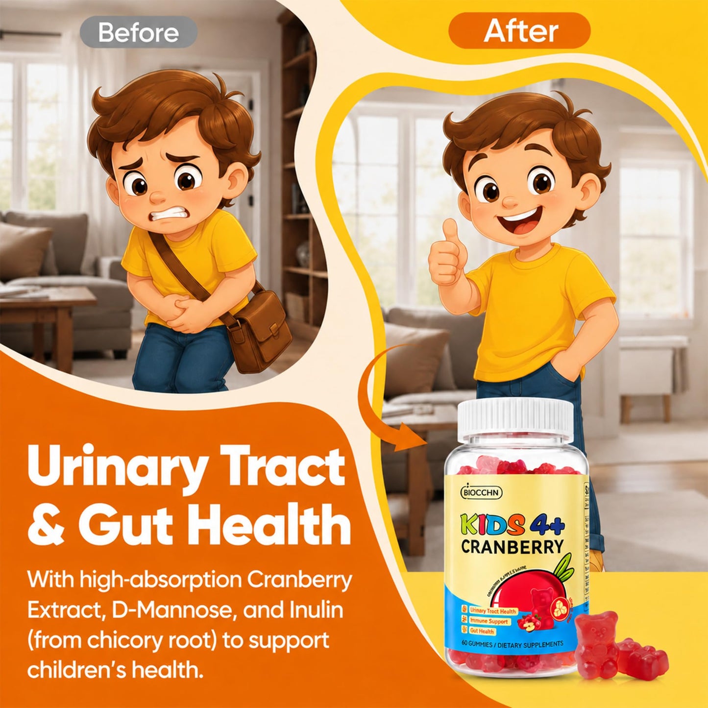 BIOCCHN Cranberry Gummies for Kids, D-Mannose Urinary Tract Health & Immune Support, 60 Count