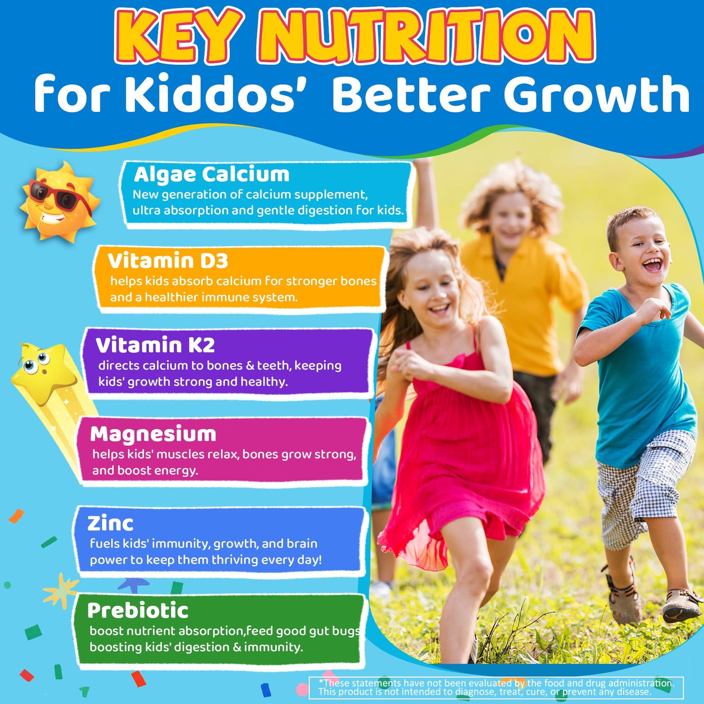 LILICARE Kids Calcium Gummies + Vitamin D3 K2, Magnesium, Zinc, Extra Absorption Algae Calcium Supplement, 60 Gummies