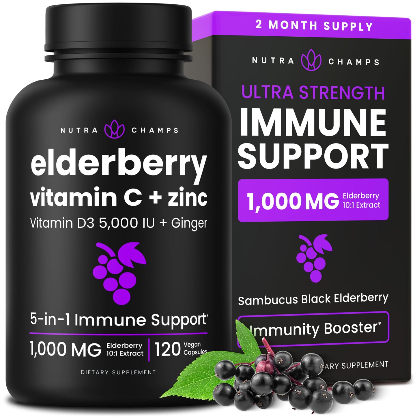 NutraChamps Elderberry with Vitamin C and Zinc Capsules 120 Count