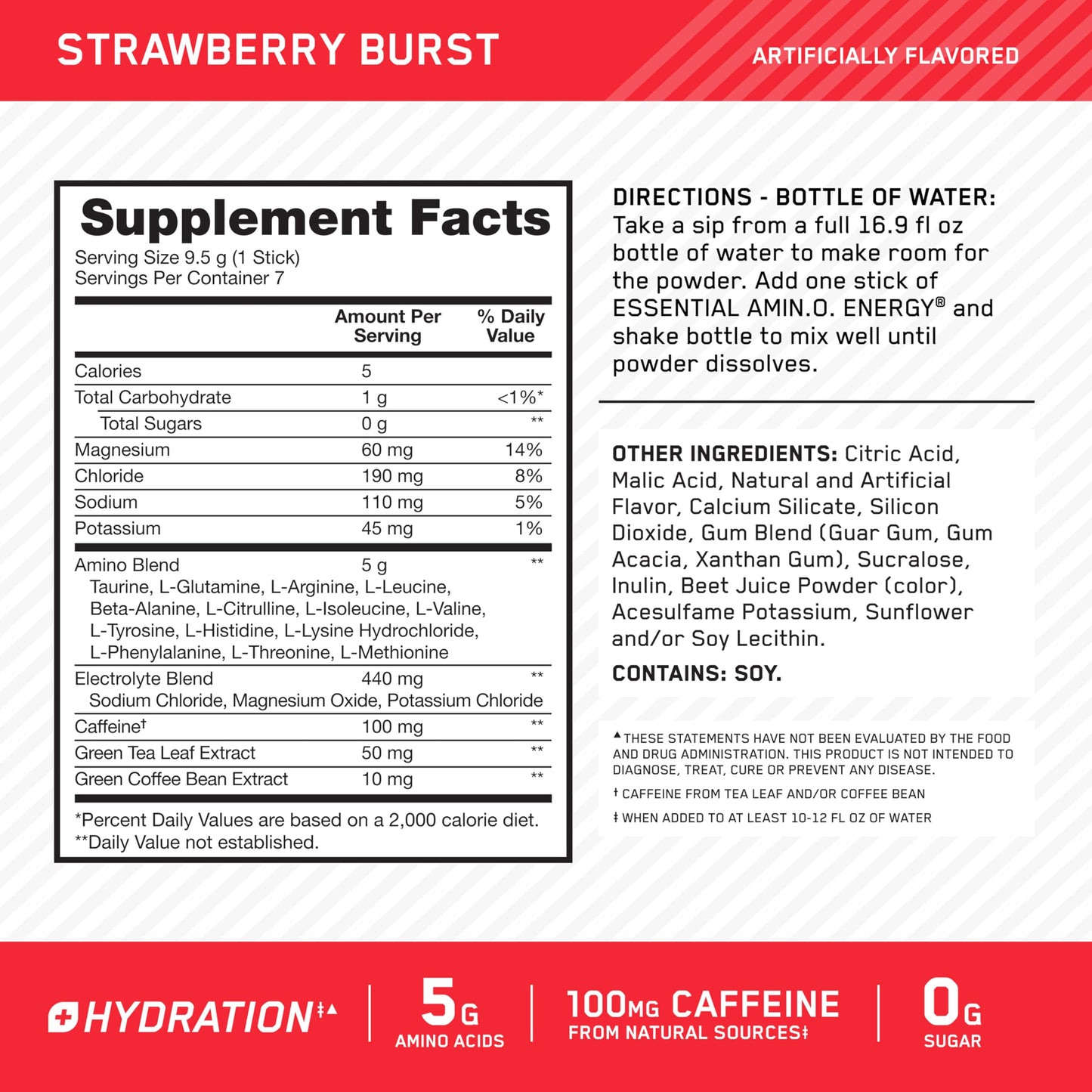 Optimum Nutrition Essential Amino Energy Plus Electrolytes Stick Packs, Energy Powder, Strawberry Burst, 7 Count