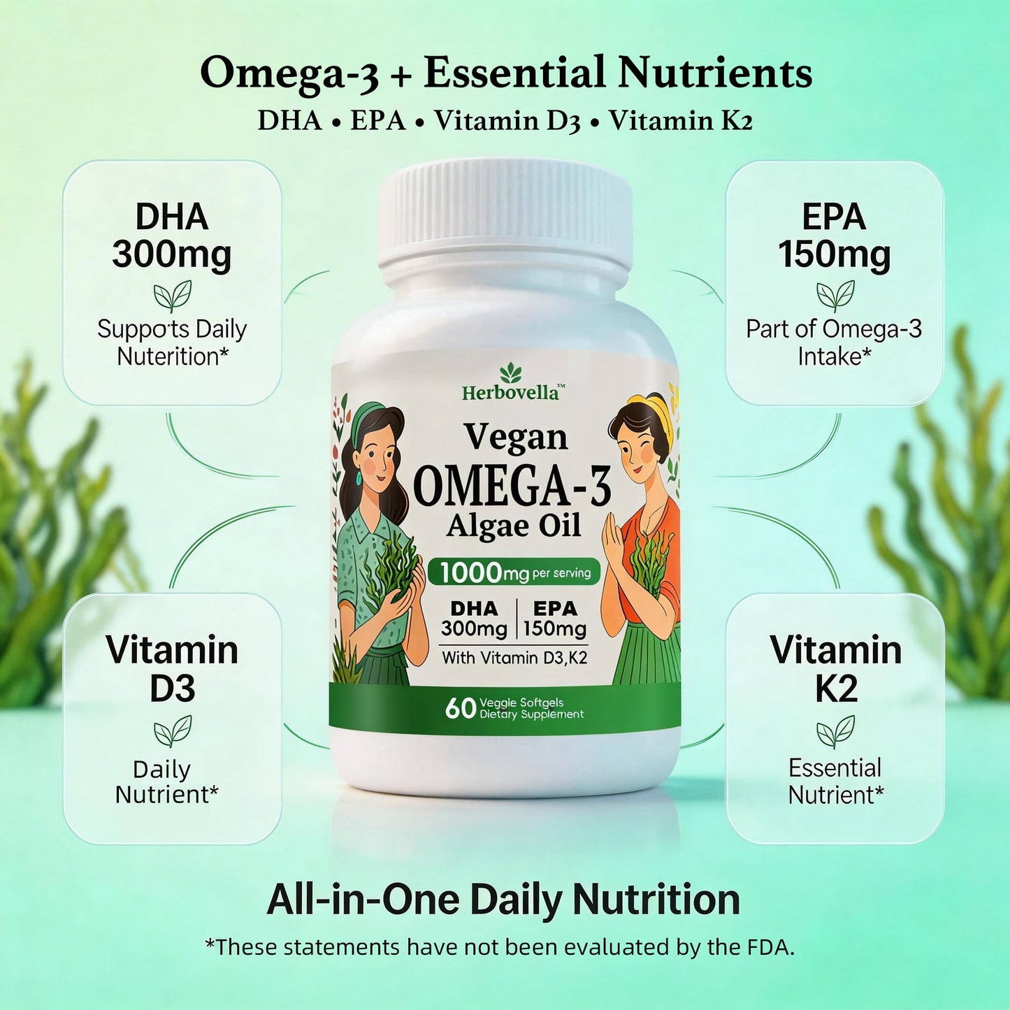 Herbovella Vegan Omega-3 Softgels, 60 Count