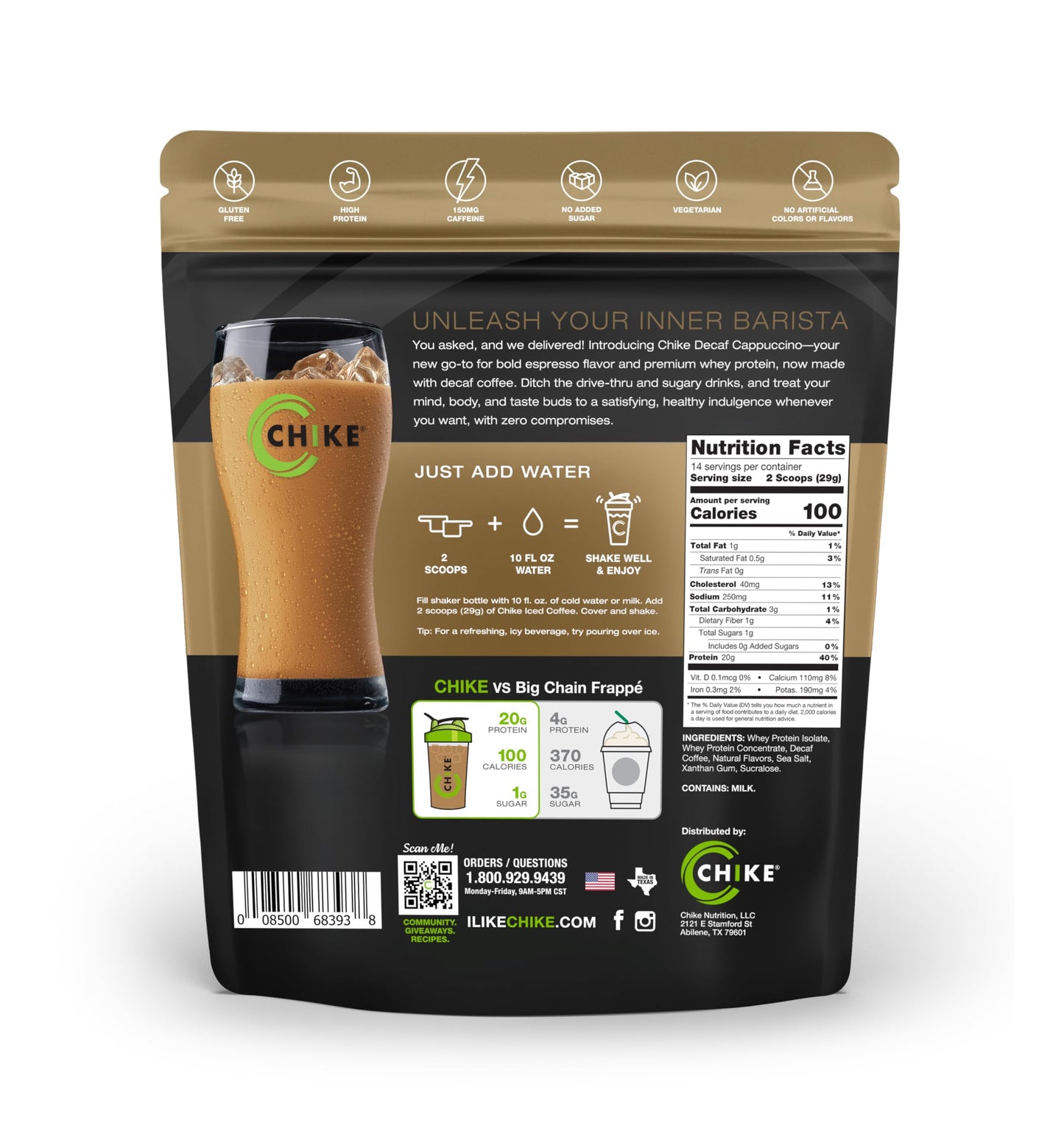 CHIKE Decaf Cappuccino Protein Coffee Powder 14.3 oz