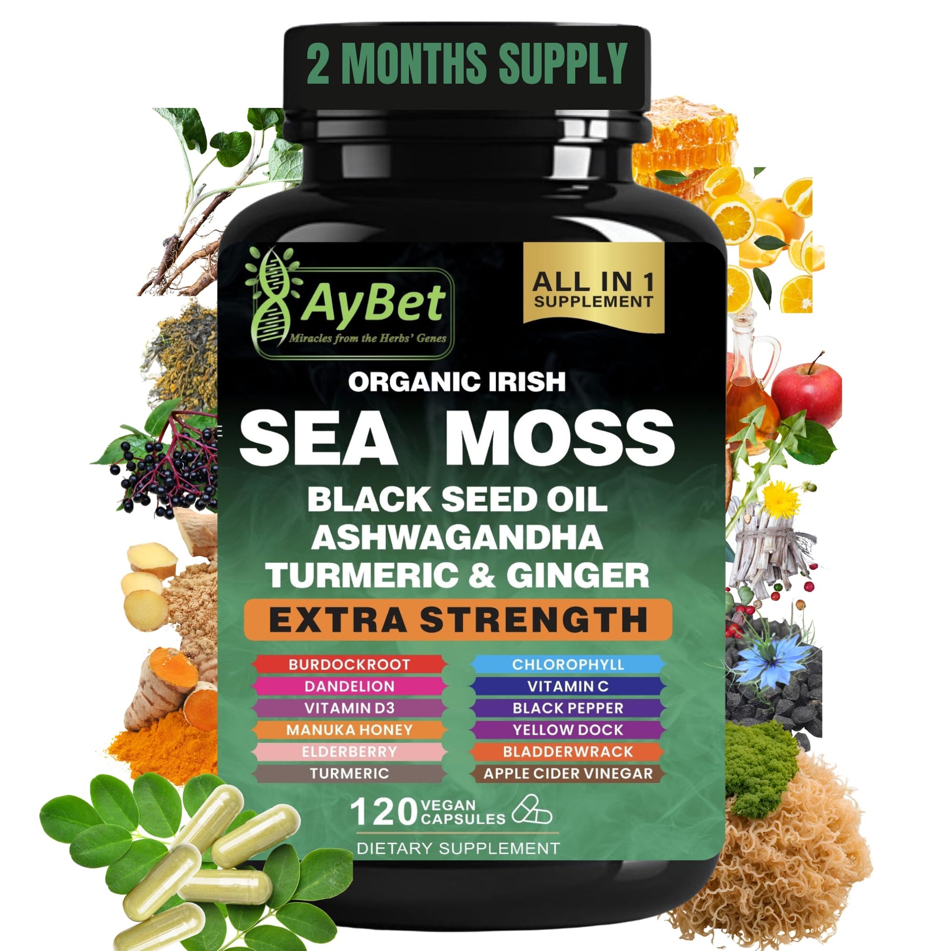 AyBet Organic Irish Sea Moss Capsules 120 Count – 16 in 1 Sea Moss Supplement with Black Seed Oil, Ashwagandha, Turmeric & Ginger, Bladderwrack & Burdock Root, Vitamin D3 – Organic, Vegan, Halal, Non-GMO