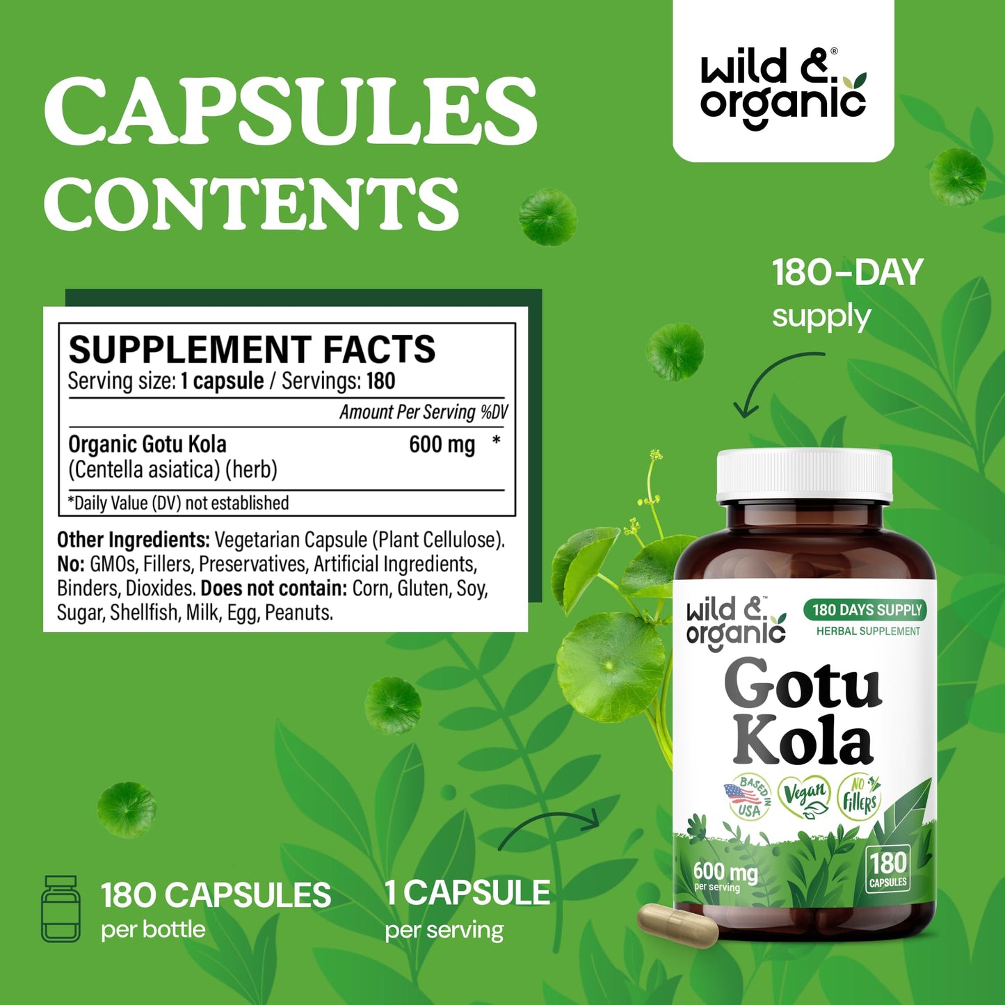 Wild & Organic Gotu Kola Capsules 600 mg - Brain Support - 180 Count