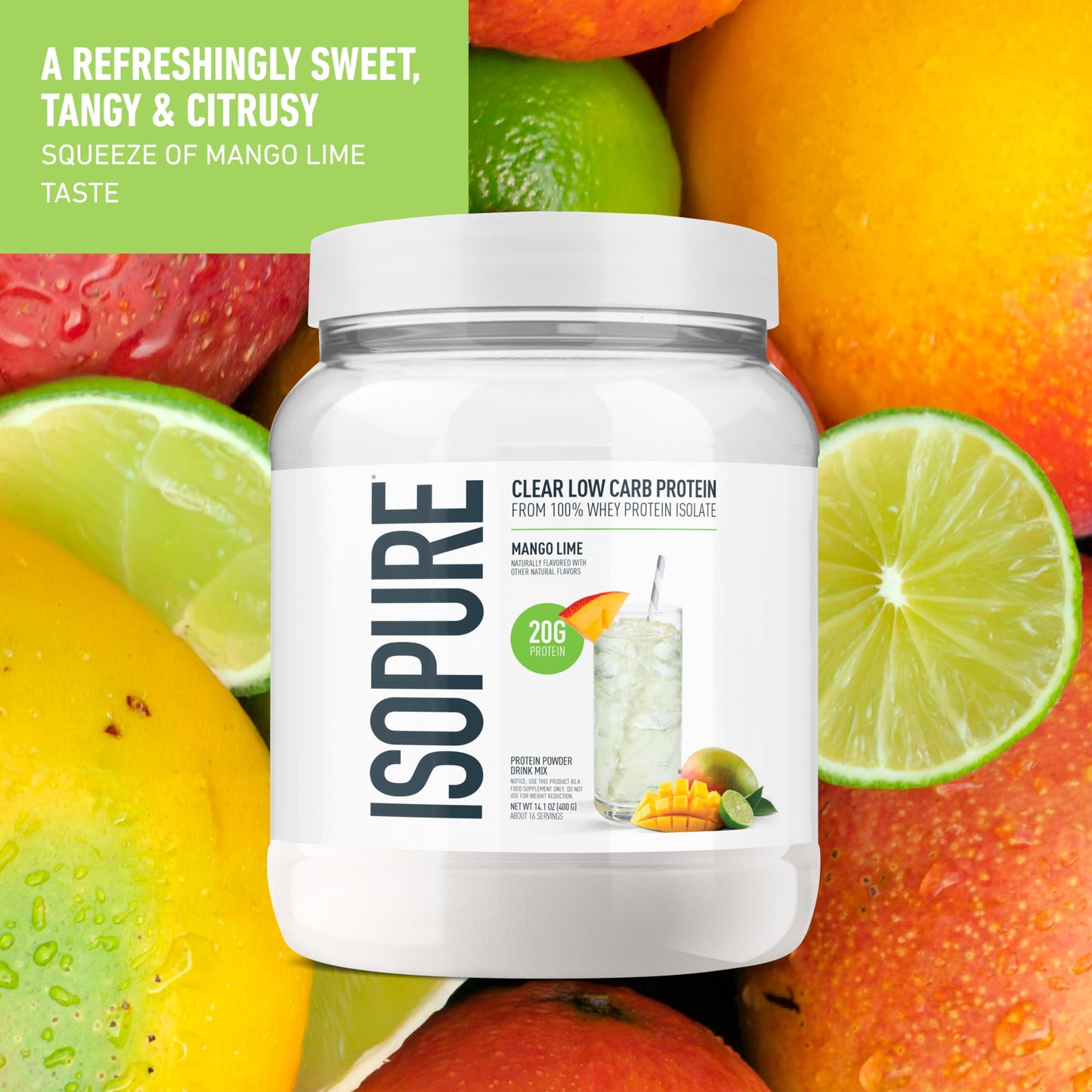 Isopure Clear Whey Isolate Protein Powder, Mango Lime, Lactose Free, Gluten Free, 14.1 oz, 16 Servings