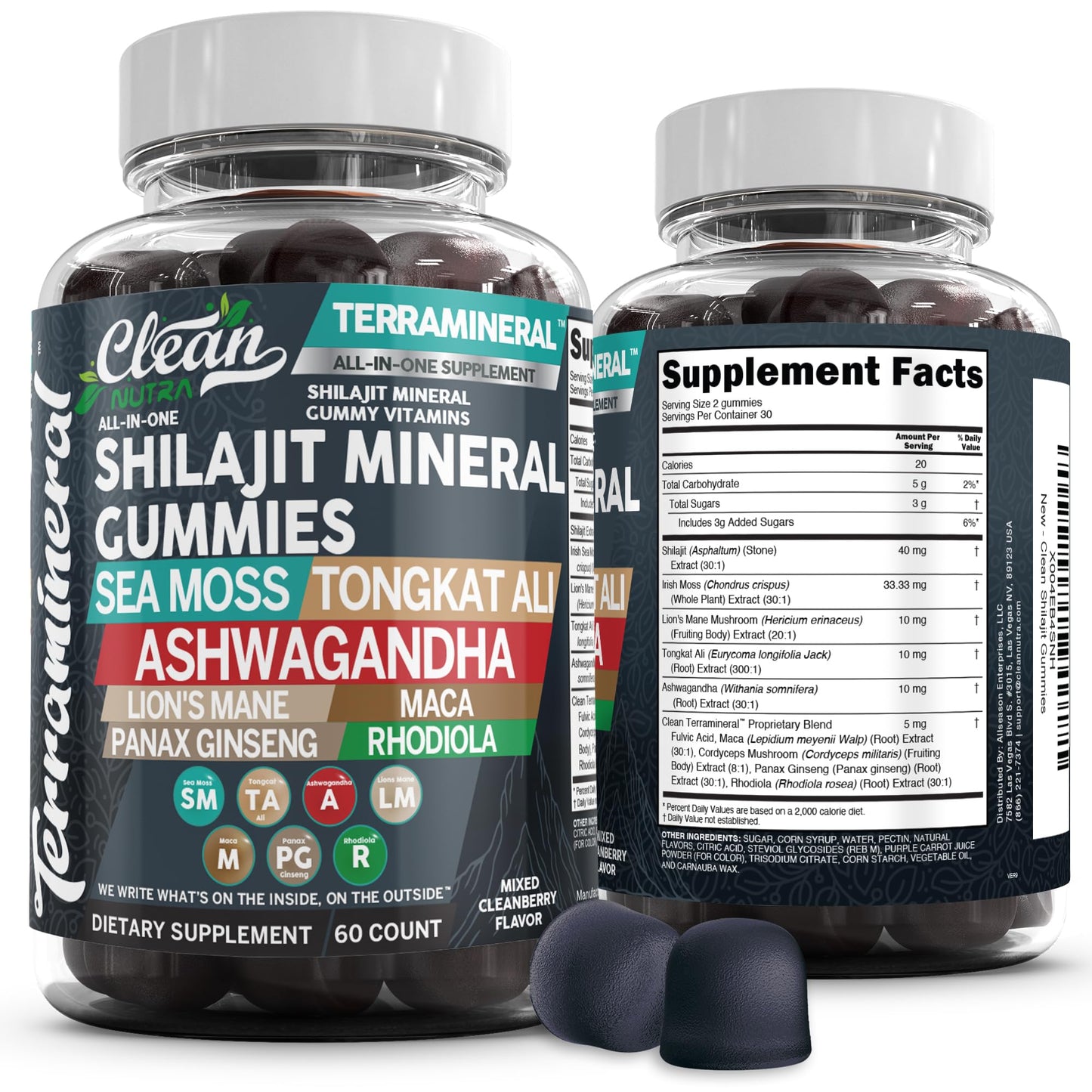 Clean Nutraceuticals Terramineral Shilajit Gummies with Irish Sea Moss Tongkat Ali Ashwagandha Lion's Mane MACA Panax Ginseng Rhodiola & Cordyceps, 60 Gummies
