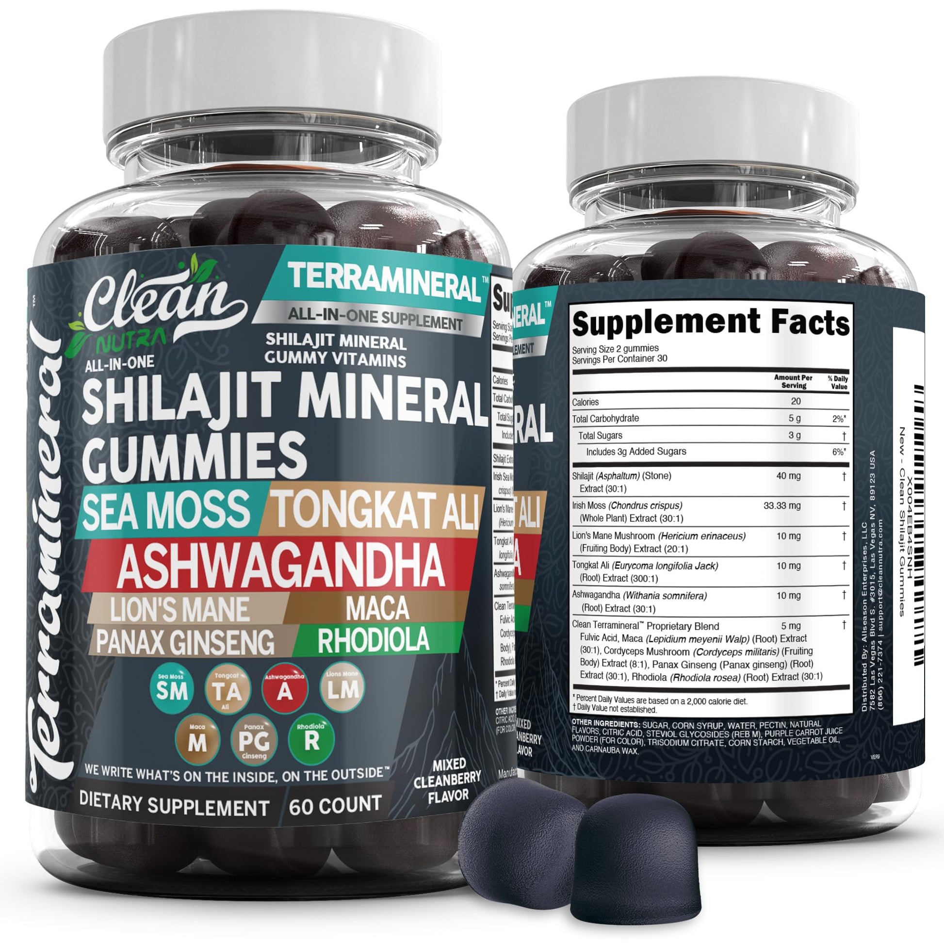 Clean Nutraceuticals Terramineral Shilajit Gummies with Irish Sea Moss Tongkat Ali Ashwagandha Lion's Mane MACA Panax Ginseng Rhodiola & Cordyceps, 60 Gummies