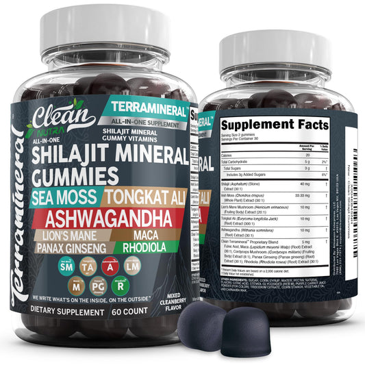 Clean Nutraceuticals Terramineral Shilajit Gummies with Irish Sea Moss Tongkat Ali Ashwagandha Lion's Mane MACA Panax Ginseng Rhodiola & Cordyceps, 60 Gummies