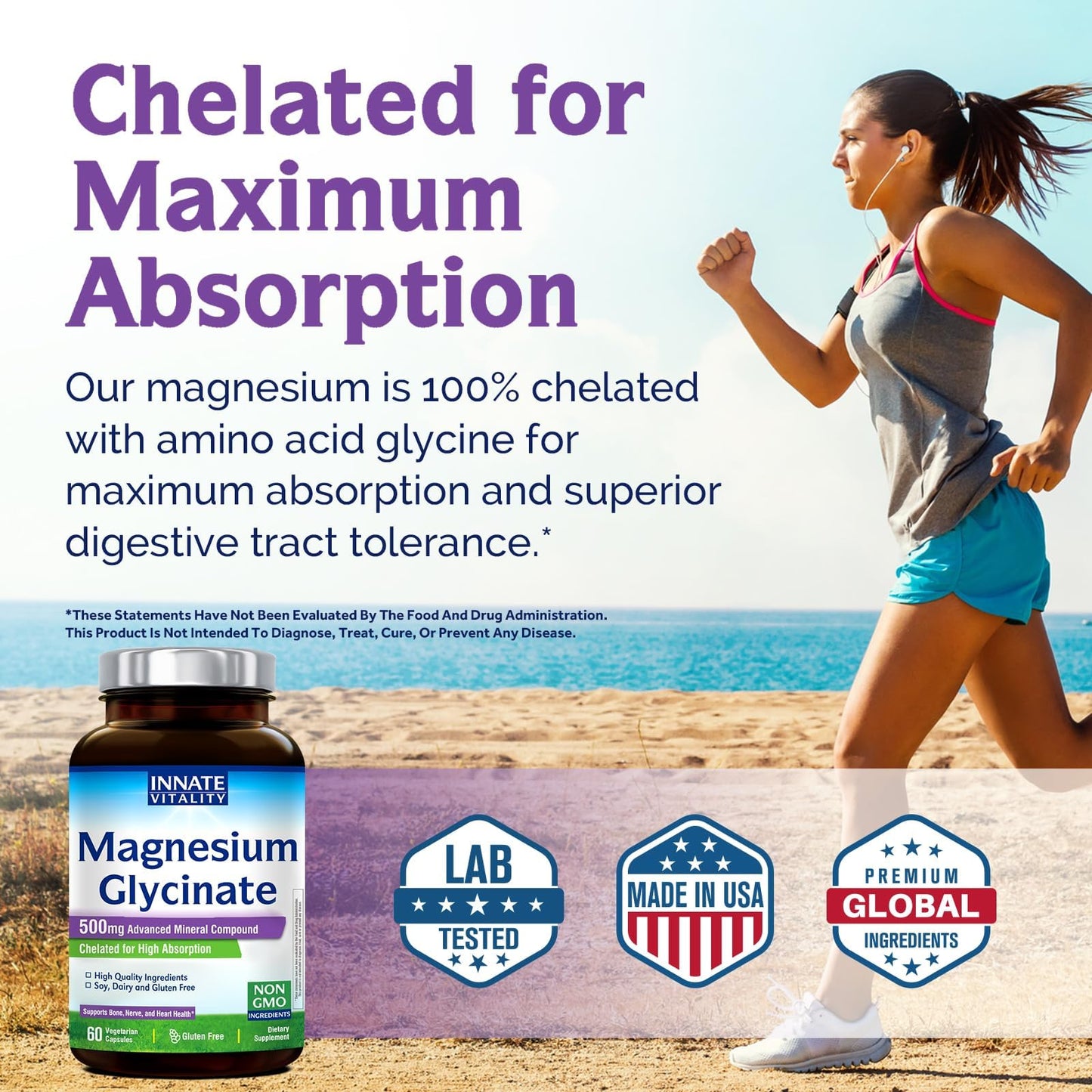 Innate Vitality Magnesium Glycinate 500mg Capsules, 60 Count
