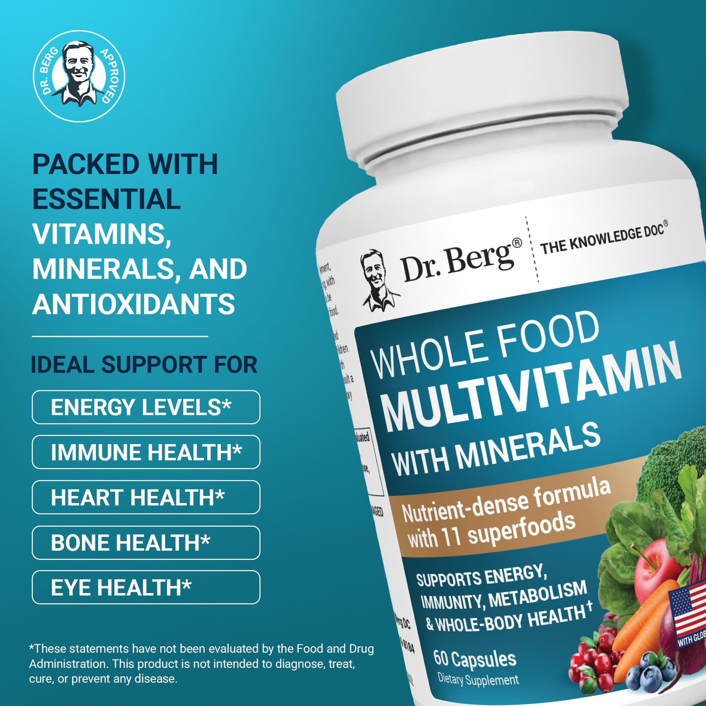 Dr. Berg Nutritionals Whole Food Multivitamin with Minerals Daily Multivitamin for Men and Women, 60 Capsules