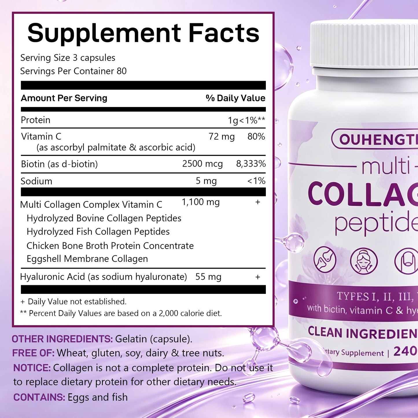 OUHENGTEK Hydrolyzed Collagen Peptides Capsules 240 Count