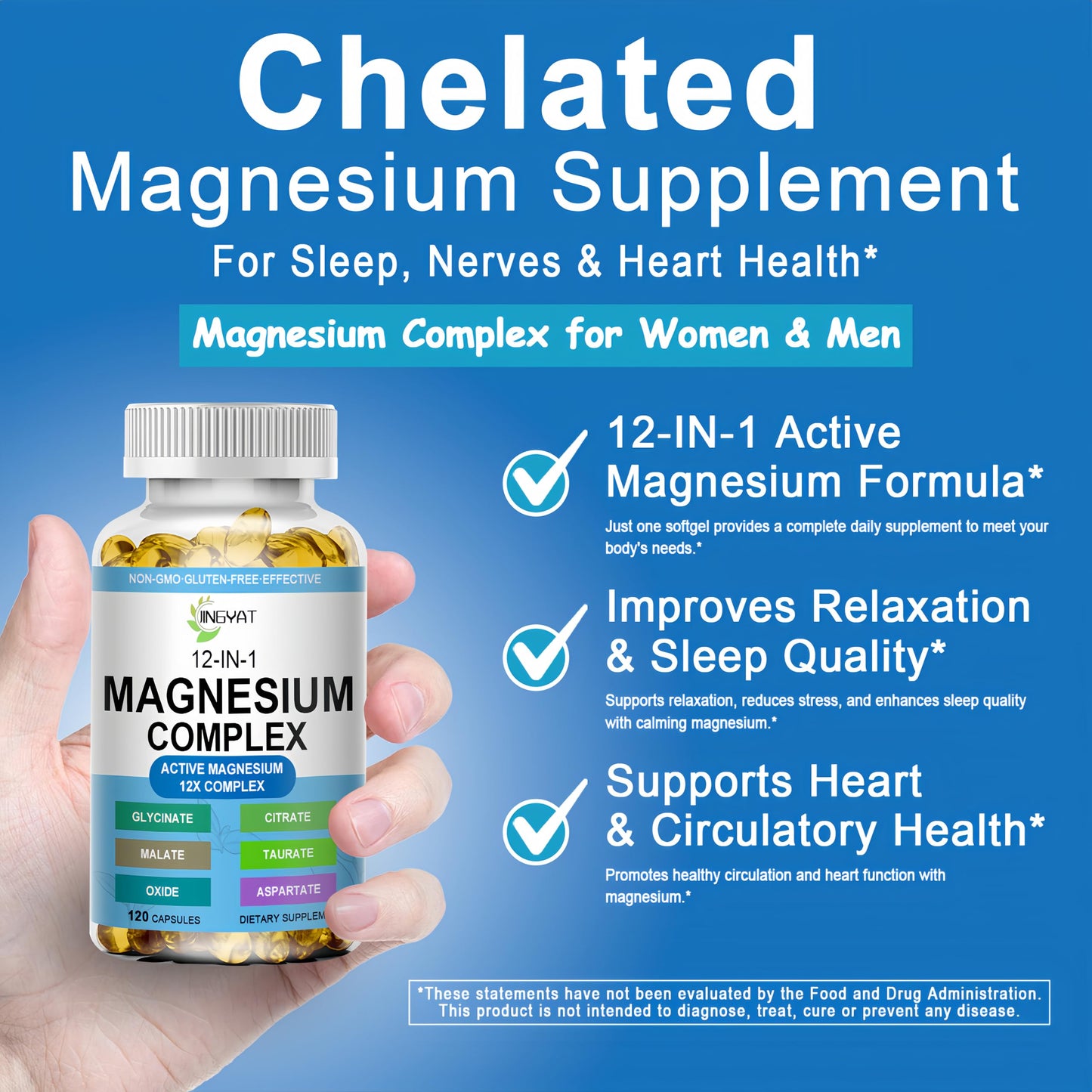 JINGYAT Magnesium Complex Softgels - 12-in-1 Magnesium Supplement with Glycinate, Citrate, Malate, Oxide, Taurate - High Absorption Magnesium Complex for Muscle, Heart, Sleep, Bone, Nerve Support, 120 Count
