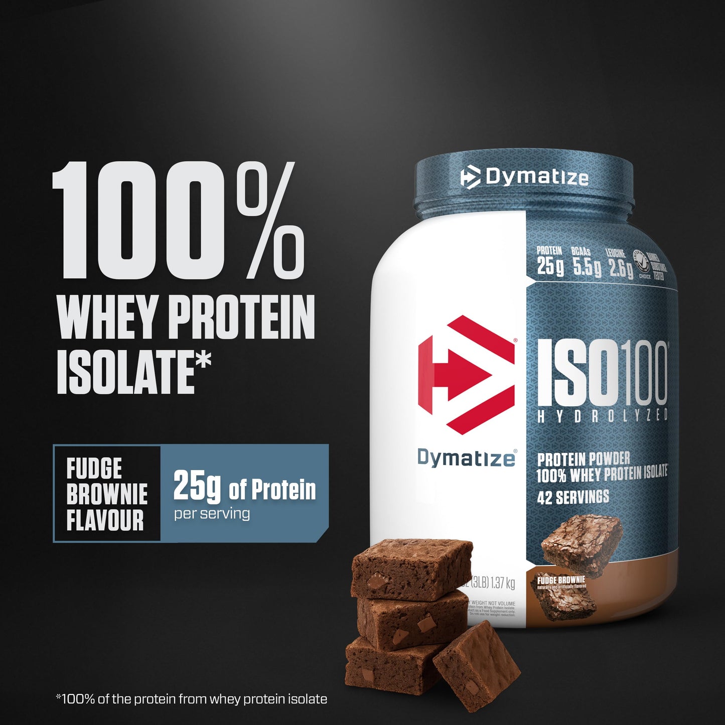 Dymatize ISO100 100% Whey Isolate Protein Powder, Fudge Brownie, 48 Servings