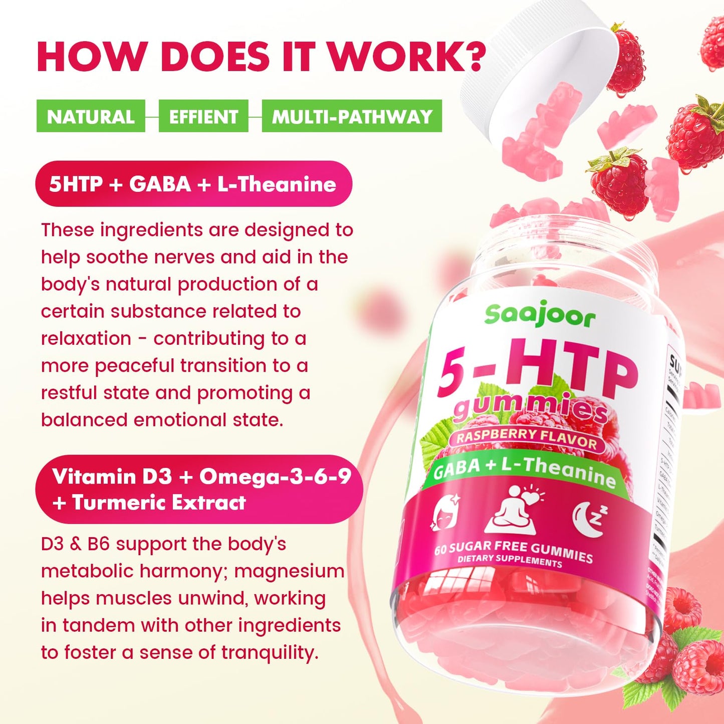 Saajoor 5-HTP 300mg Gummies with GABA + L-Theanine & Vitamin D3 Circadian Rhythm Support Raspberry Flavor, 120 Gummies
