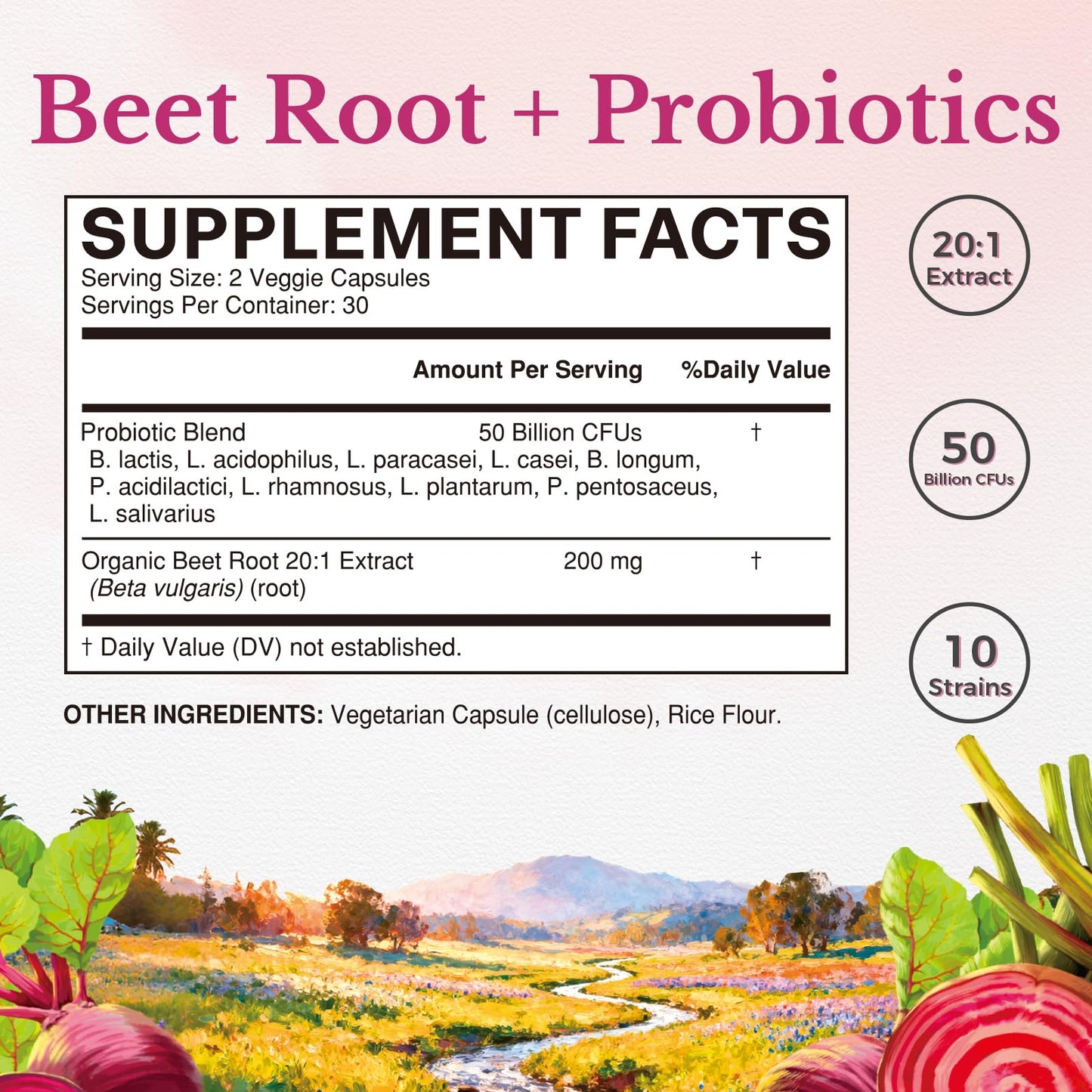 Vitalitown Organic Beet Root Capsules with Probiotics, 200 mg Organic Beet Root, 50 Billion CFU, 10 Strains, Energy, Heart Health, Circulation, Digestion, 60 Capsules