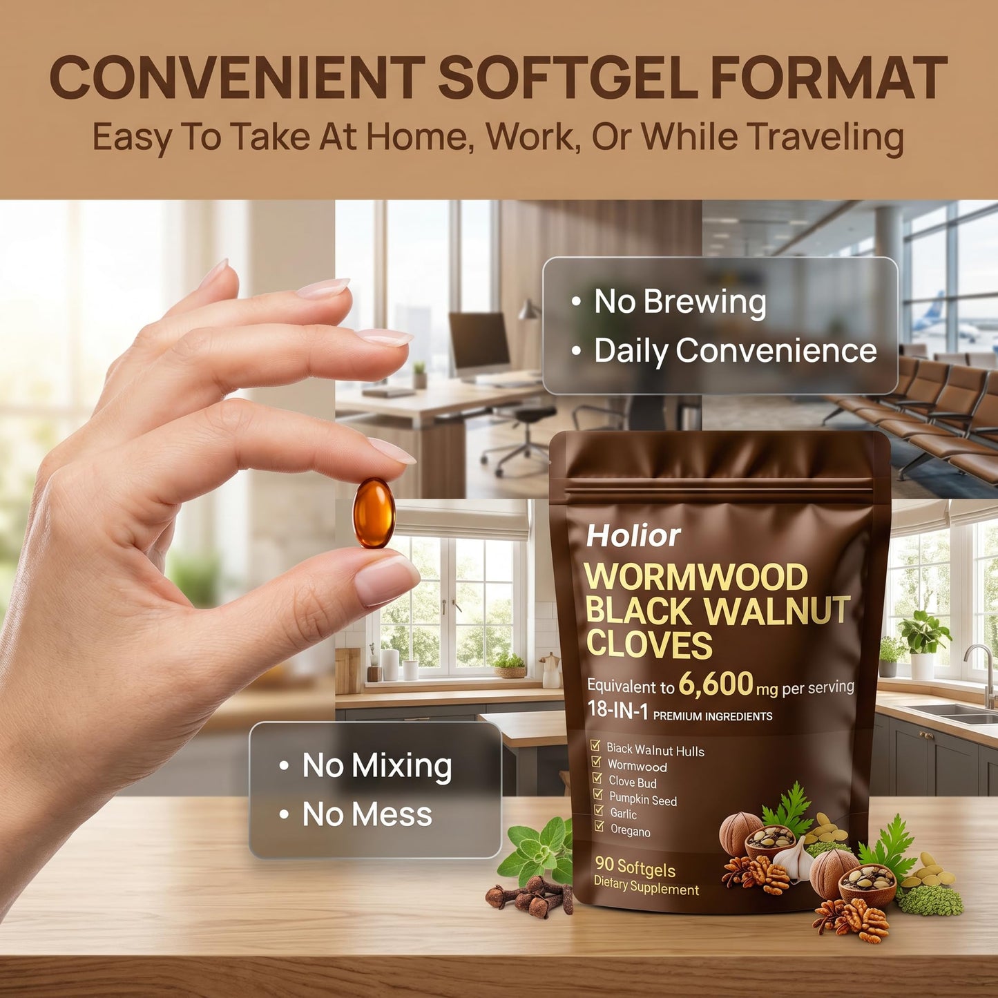 HOLIOR 18-in-1 Black Walnut Wormwood Herbal Wellness Blend with Clove, Garlic, Turmeric, Pumpkin Seed, Oregano, Berberine & More Daily Digestive & Gut Balance Support Supplement 90 Softgels