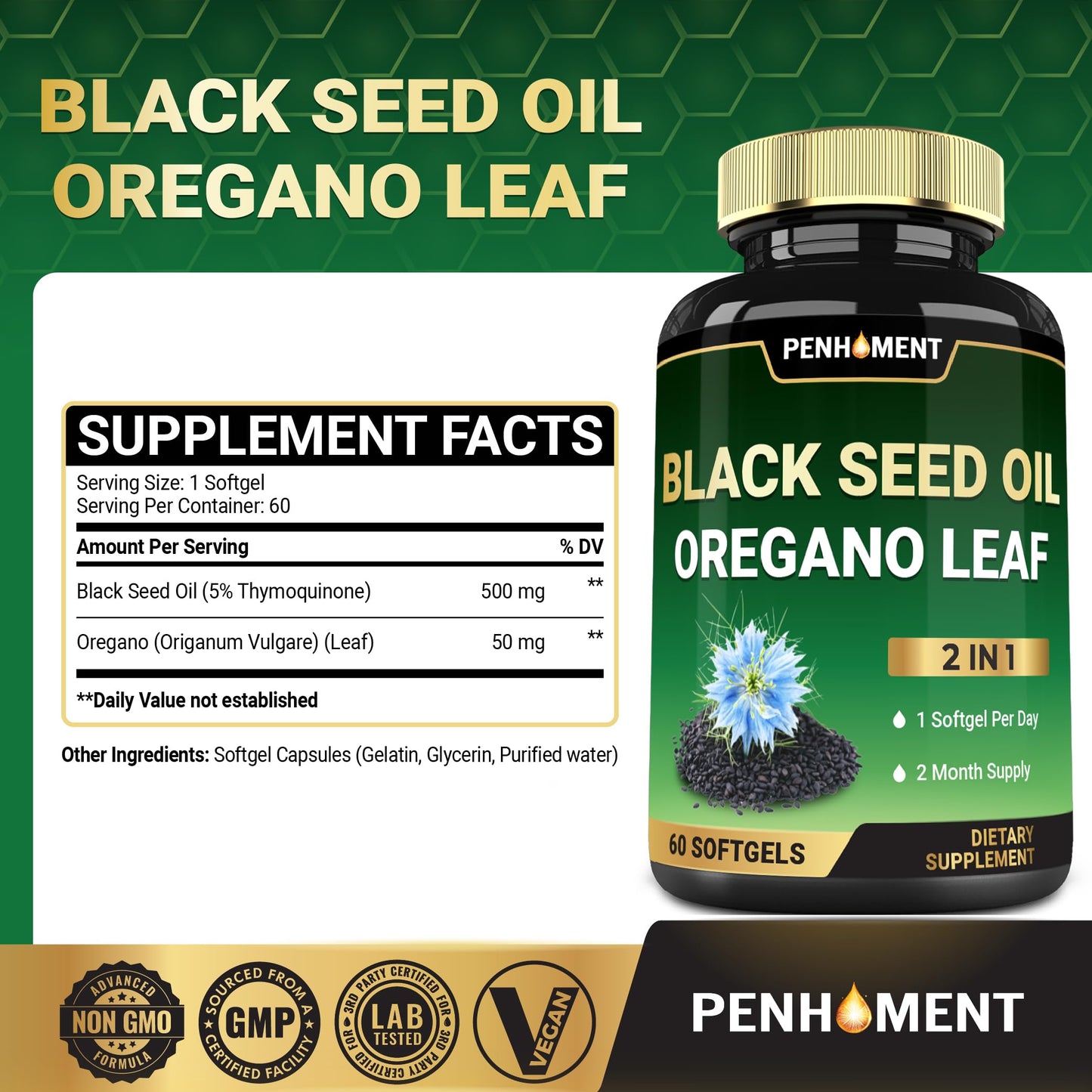 Penhoment Black Seed Oil with Oil of Oregano 550 mg Softgels, 60 Count
