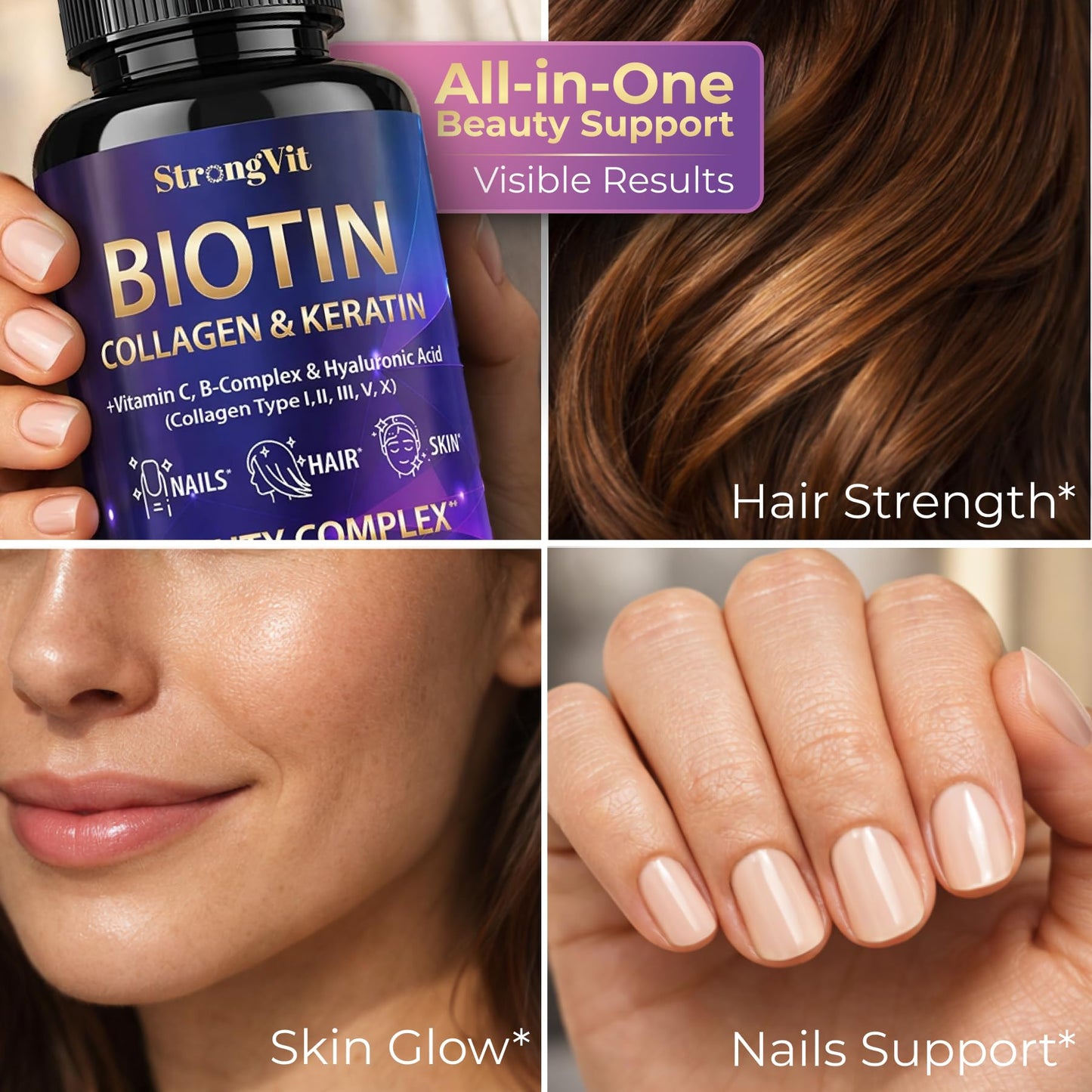 StrongVit Biotin with Hyaluronic Acid, Keratin & Collagen Supplements - 10000mcg for Hair Growth - Hair Skin & Nails Vitamins, 60 Capsules