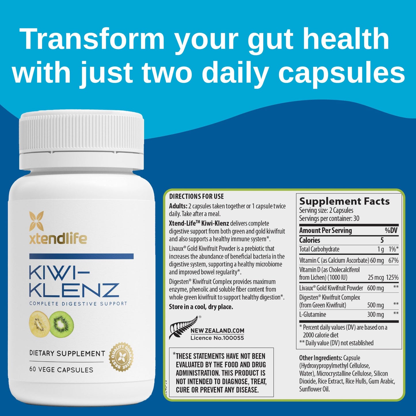 Xtendlife Kiwi-Klenz Digestive Enzyme & Prebiotic Supplement 60 Capsules