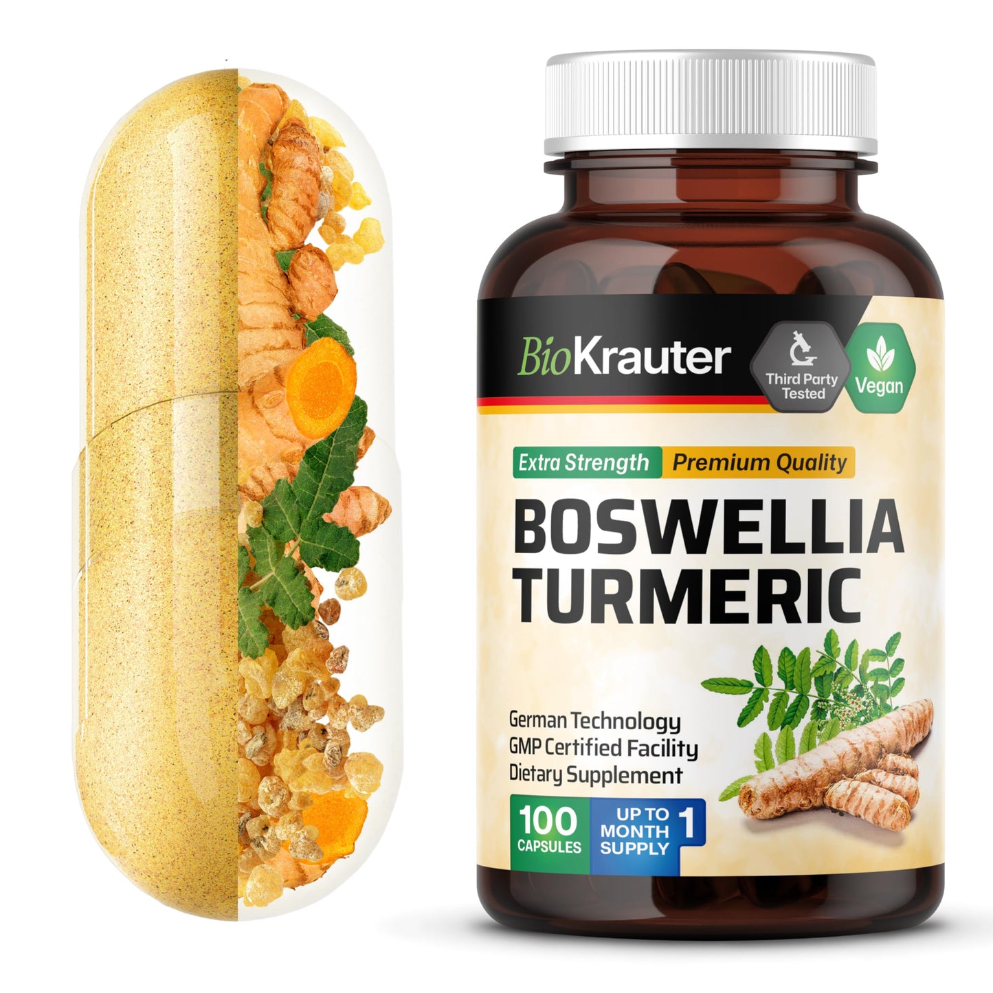 BIO KRAUTER Turmeric Curcumin Supplement with Boswellia for Mobility Support - Vegan Turmeric with Black Pepper & Boswellia Extract 100 Capsules