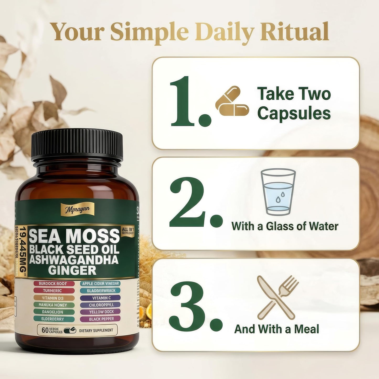 MPRAYAN Sea Moss Black Seed Oil Ashwagandha 10:1 Extract Blend Capsules, 60 Count