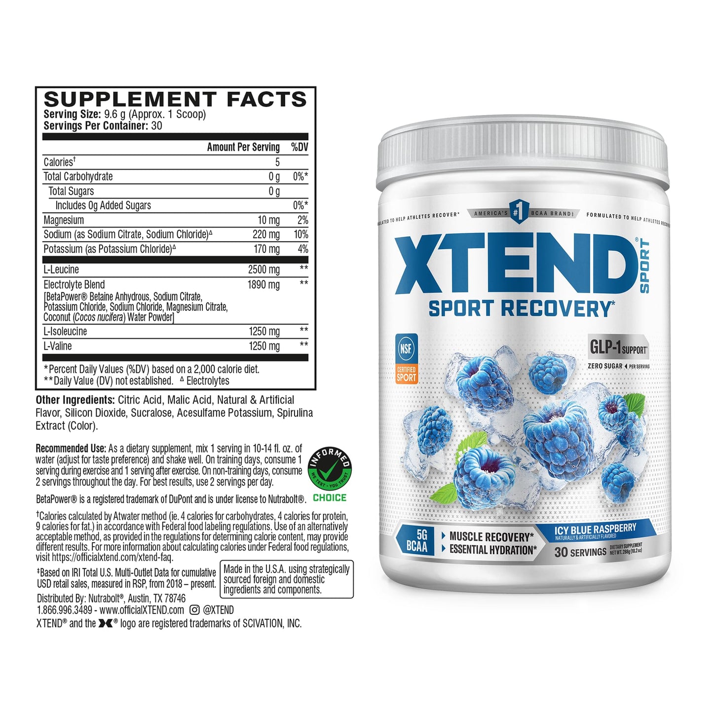 Scivation XTEND Sport BCAA Powder Blue Raspberry Ice Electrolyte Powder for Recovery & Hydration with Amino Acids, 12.2 oz