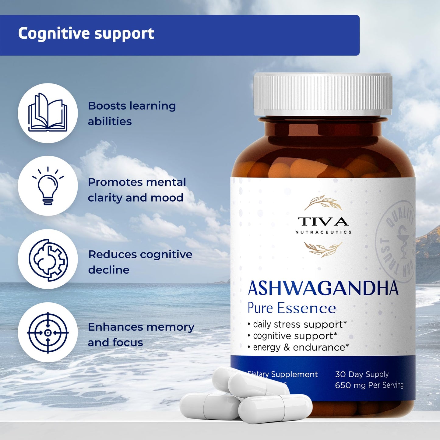 TIVA Nutraceutics Ashwagandha 650mg with Black Pepper Extract, 60 Capsules