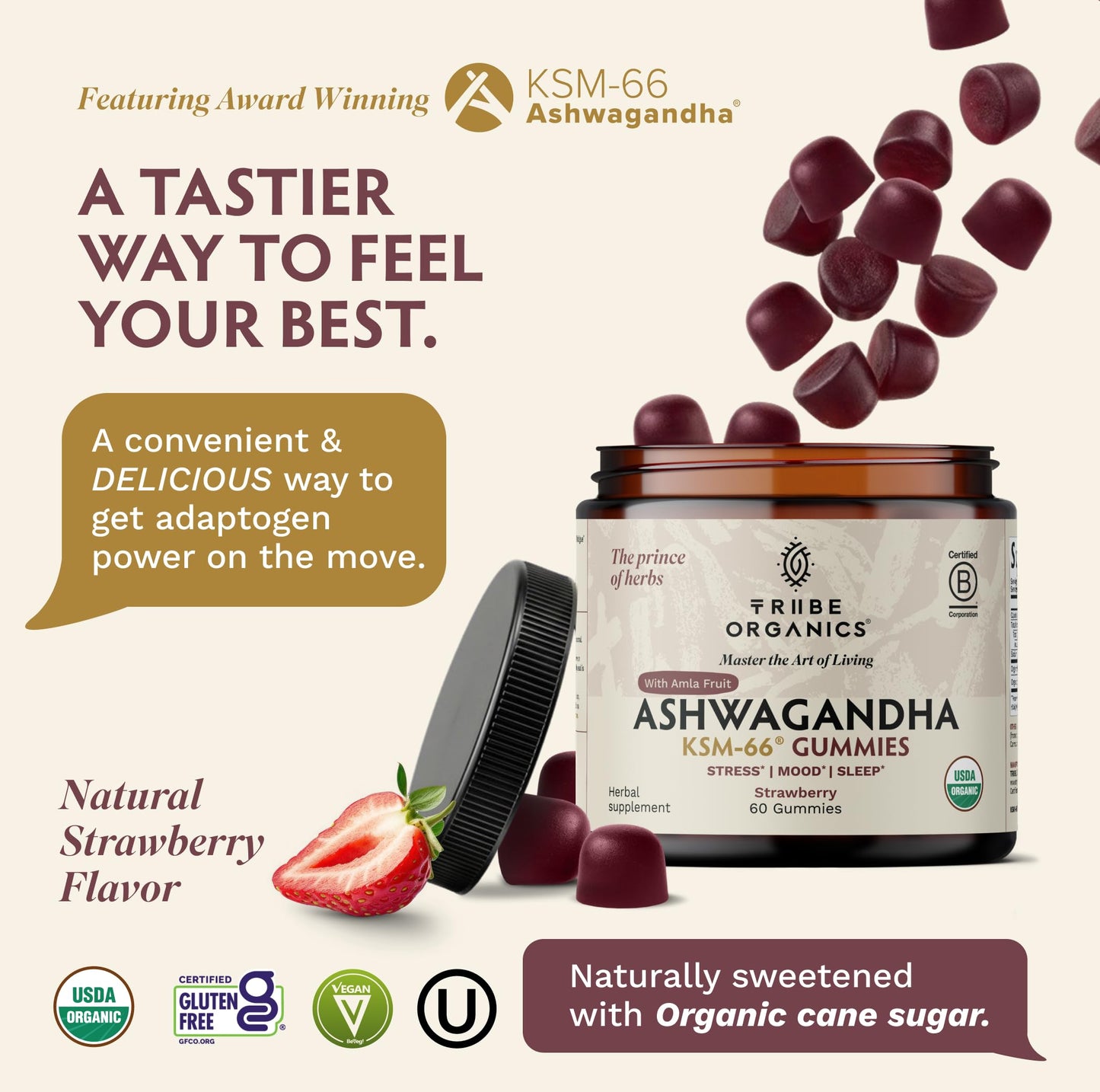 TRIBE ORGANICS Ashwagandha KSM-66 Gummies with Amla Fruit, 60 Count