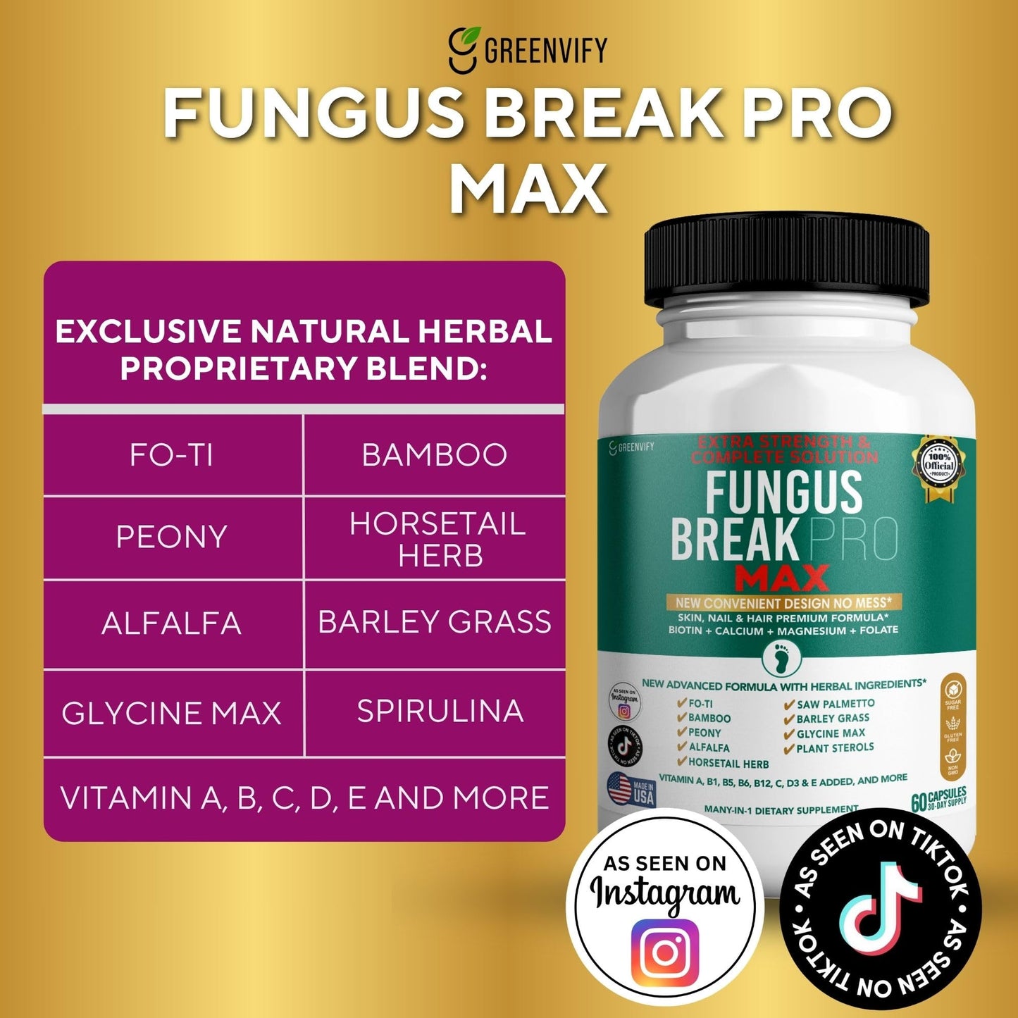 GREENVIFY Fungus Break Pro Max Nail & Hair Supplement Capsule, 180 Capsules