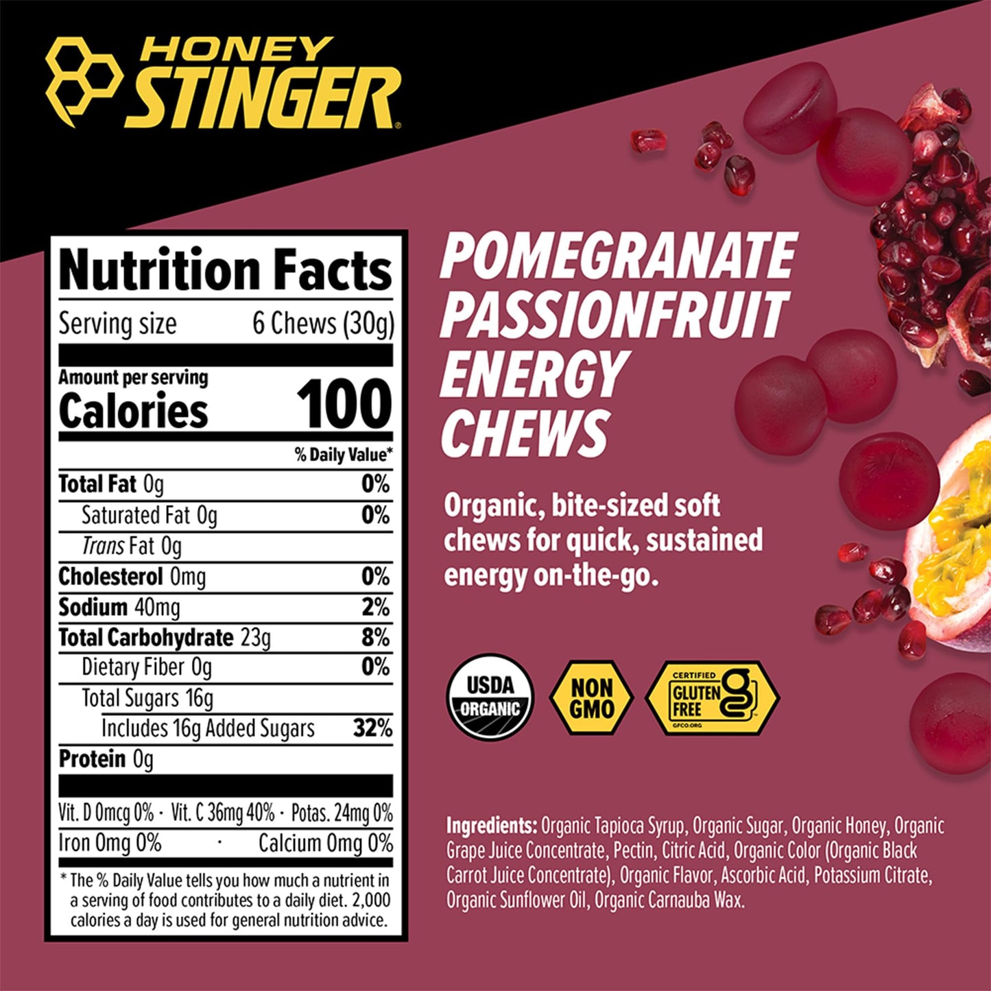 Honey Stinger Organic Pomegranate Passionfruit Energy Chews, Gummy, 12 Count