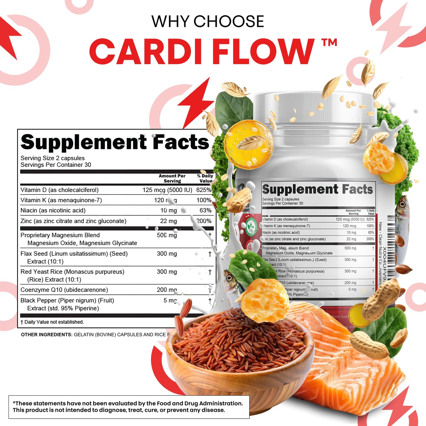 Clean Nutraceuticals CoQ10 Red Yeast Rice Magnesium Glycinate Vitamin K2 D3 Niacin Zinc Flax Seed Omega 3 Capsules 60 Count