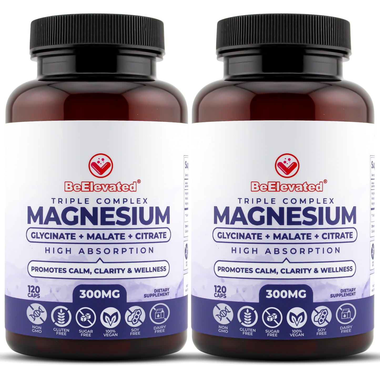 BeElevated Triple Magnesium Complex Supplement – 300mg Fast-Acting Magnesium Glycinate and Citrate Combo, with Malate for Relaxation, Sleep & Well-Being – Natural, Vegan, Non-GMO, 240 Capsules