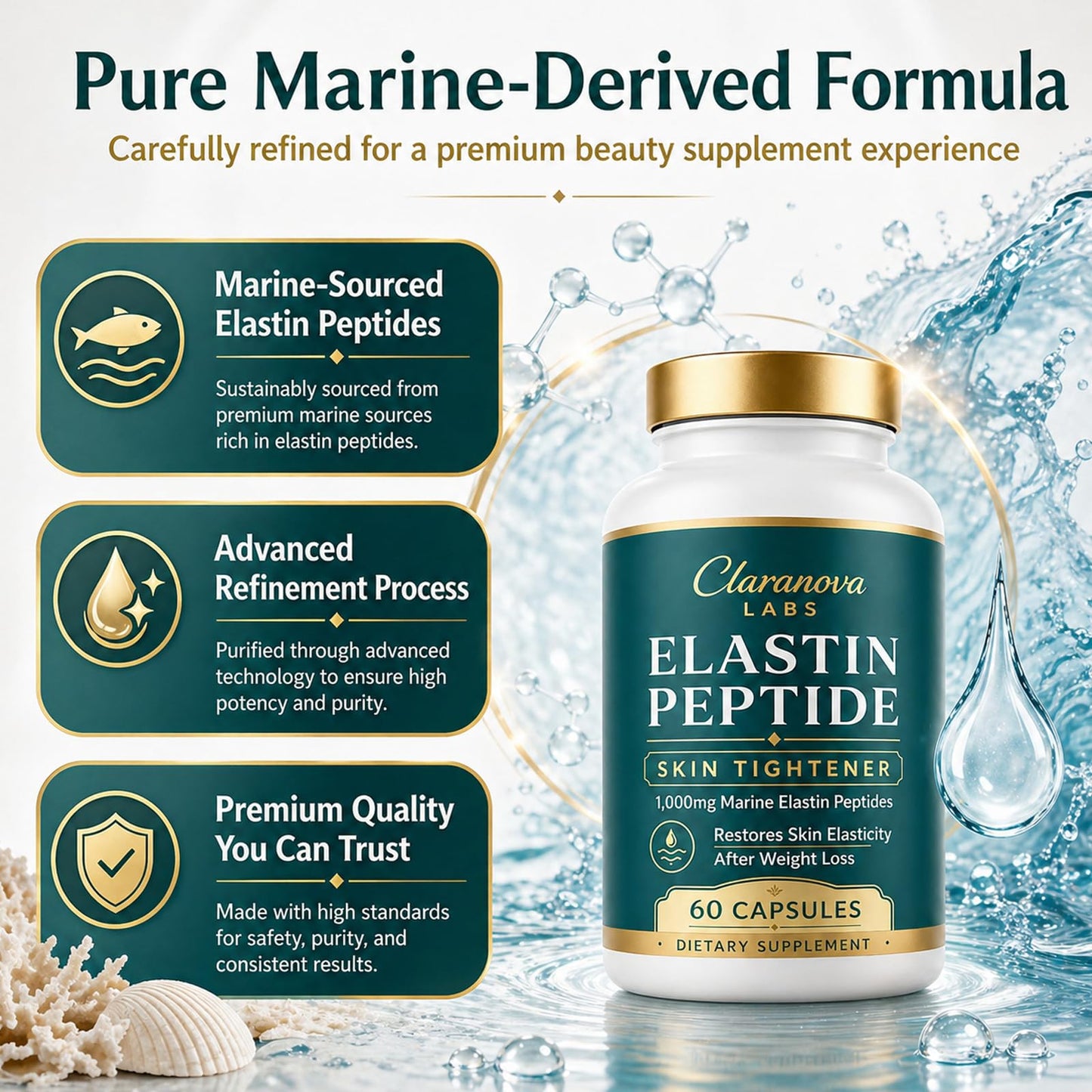 nourial Claranova Labs Marine Elastin Peptides, Elastin Peptide Skin Tightening Formula 60 Capsules