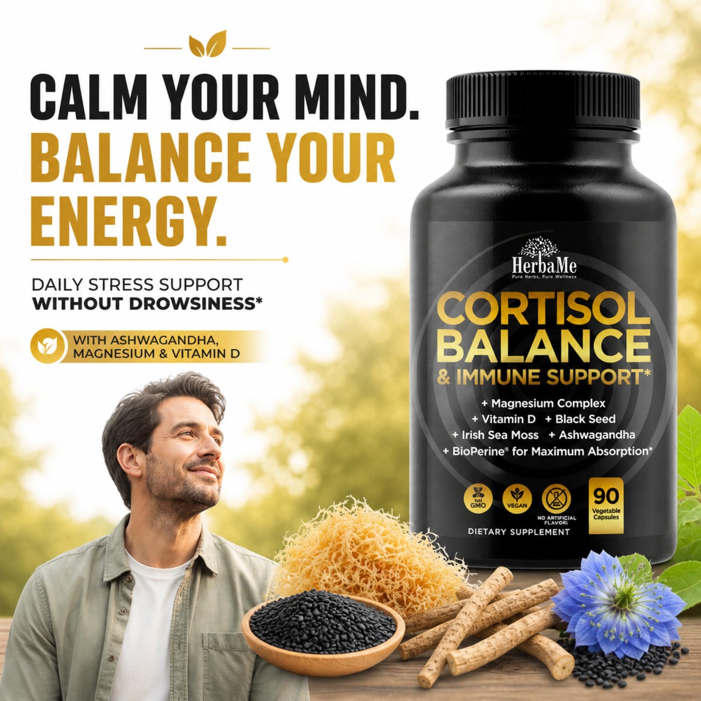 HerbaMe Stress Support Supplement for Calm Mood & Balanced Energy, 90 Capsules
