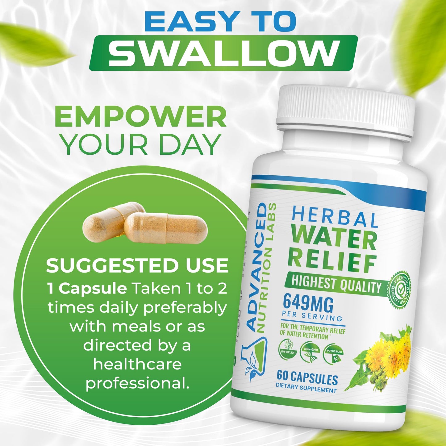 Advanced Nutrition Labs Herbal Water Relief Diuretic Water Pills Capsules 60 Count